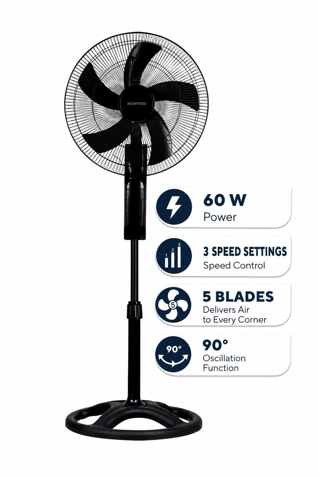 KUMTEL Standventilator KTF-340, 45 cm Durchmesser, 60 W, aus ABS-Kunststoff, 90° oszillierend, 70° neigbar