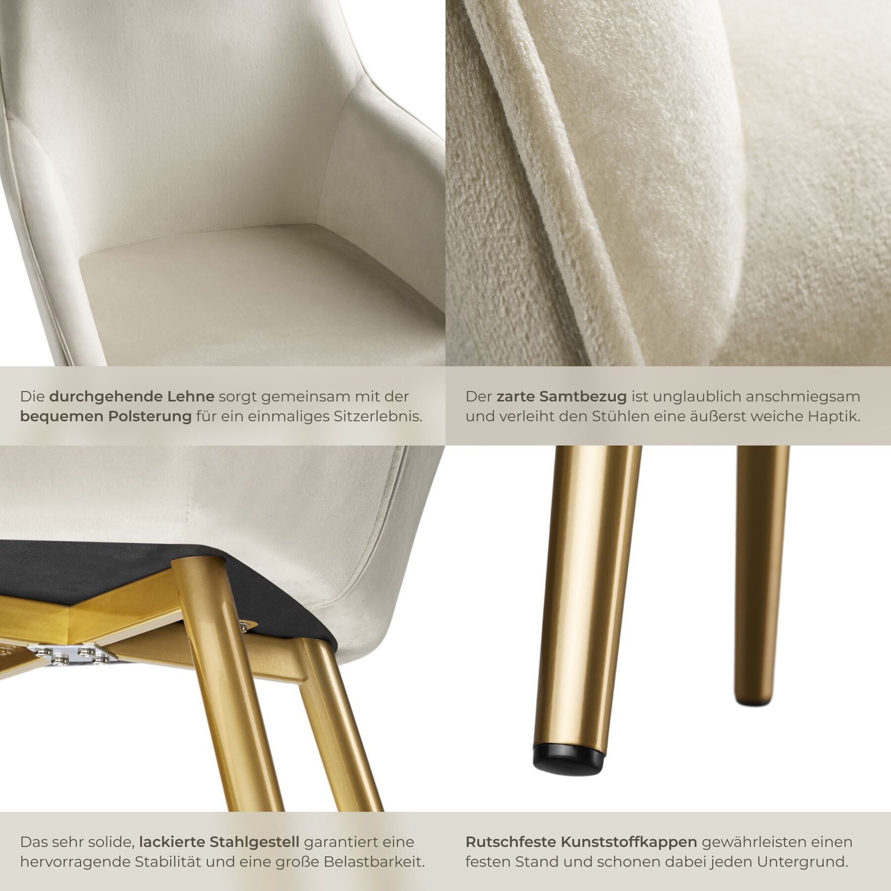 tectake Esszimmerstuhl Polsterstuhl gepolstert mit Samtoptik und goldenen Stahlbeinen, (Polsterstuhl Marilyn, 6 St), bodenschonende Kunststoffkappen, Sitzhöhe c – Bild 5 von 5