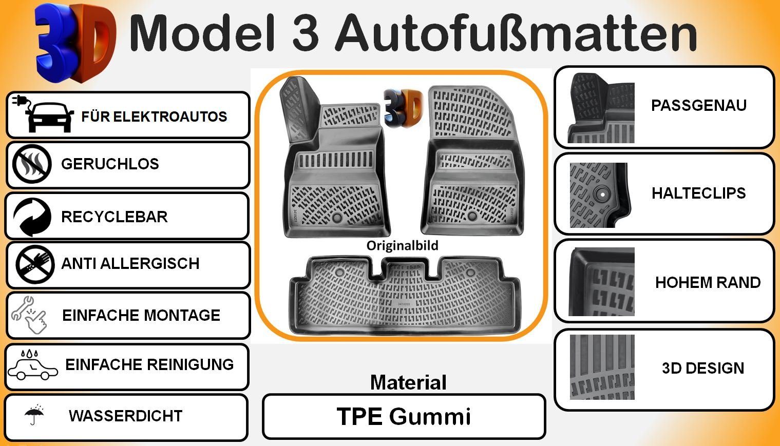 3 Auto-Fußmatte, Trimak TESLA Model Gummimatten Trimak Autofußmatten