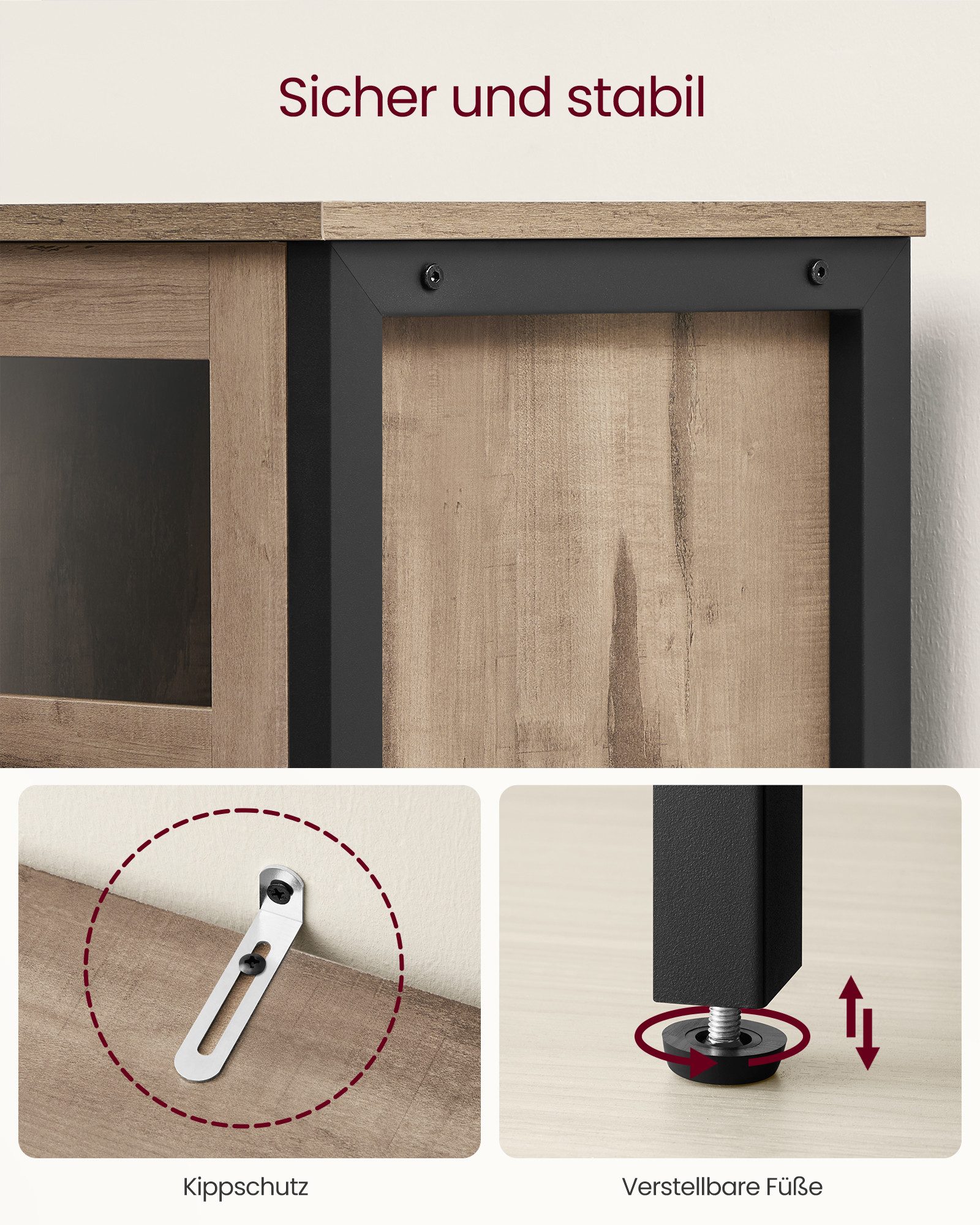 VASAGLE Sideboard Küchenschrank (Aufbewahrungsschrank, Stahlrahmen, Industrie, für Wohnzimmer, Küche, Esszimmer), für Wohnzimmer, Küche, Industriestil, mit Glas – Bild 5 von 5