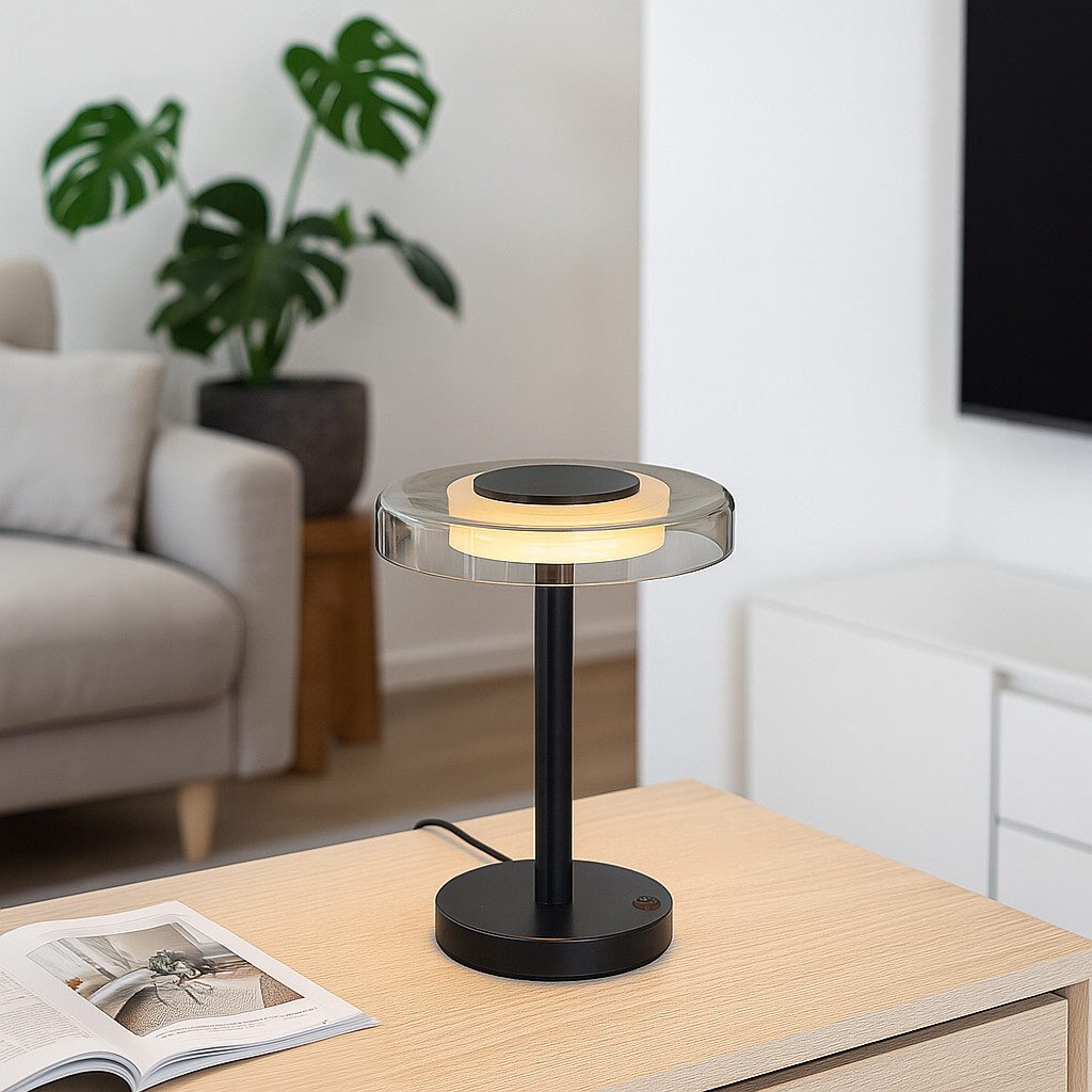 Liadomo LED Tischleuchte Volos, LED fest integriert, Warmweiß, Schirm aus Opalglas/Klarglas, modernes Design, blendfreies Licht