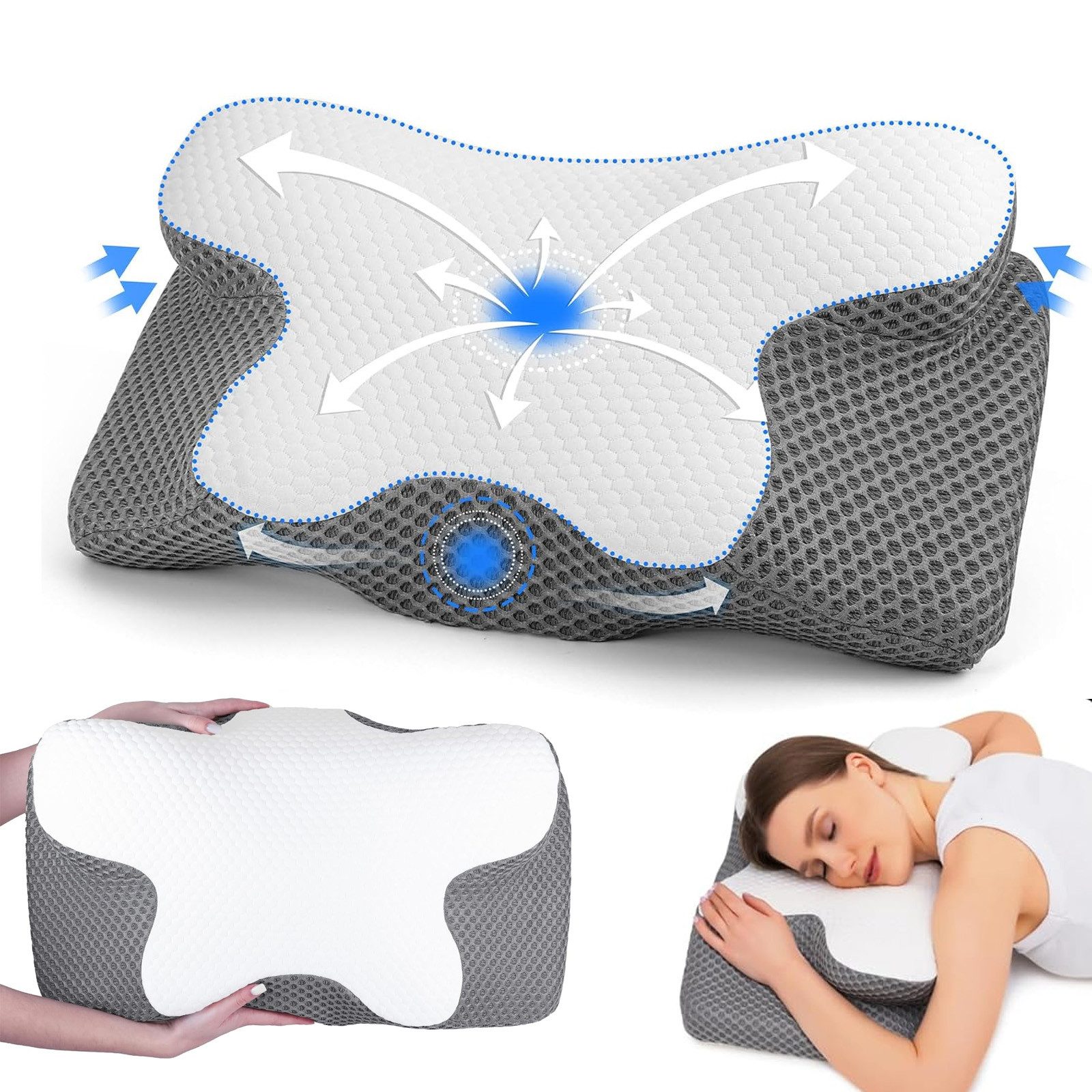 AKKEE Nackenstützkissen Kopfkissen, Orthopädisches Kissen Memory Foam KopfKissen, Füllung: Memory Foam, Die Rillen im Kissenkern passen sich den Konturen von Kopf und Nacken an und stützen so effektiv Kopf und Nacken. Dadurch wird der Druck auf die Halswirbelsäule und die Wirbel reduziert, Nacken- und Schulterschmerzen und -beschwerden werden gelindert, Sie können schneller und tiefer einschlafen und die Schlafqualität wird verbessert., Seitenschläferkissen für alle Schlafpositionen