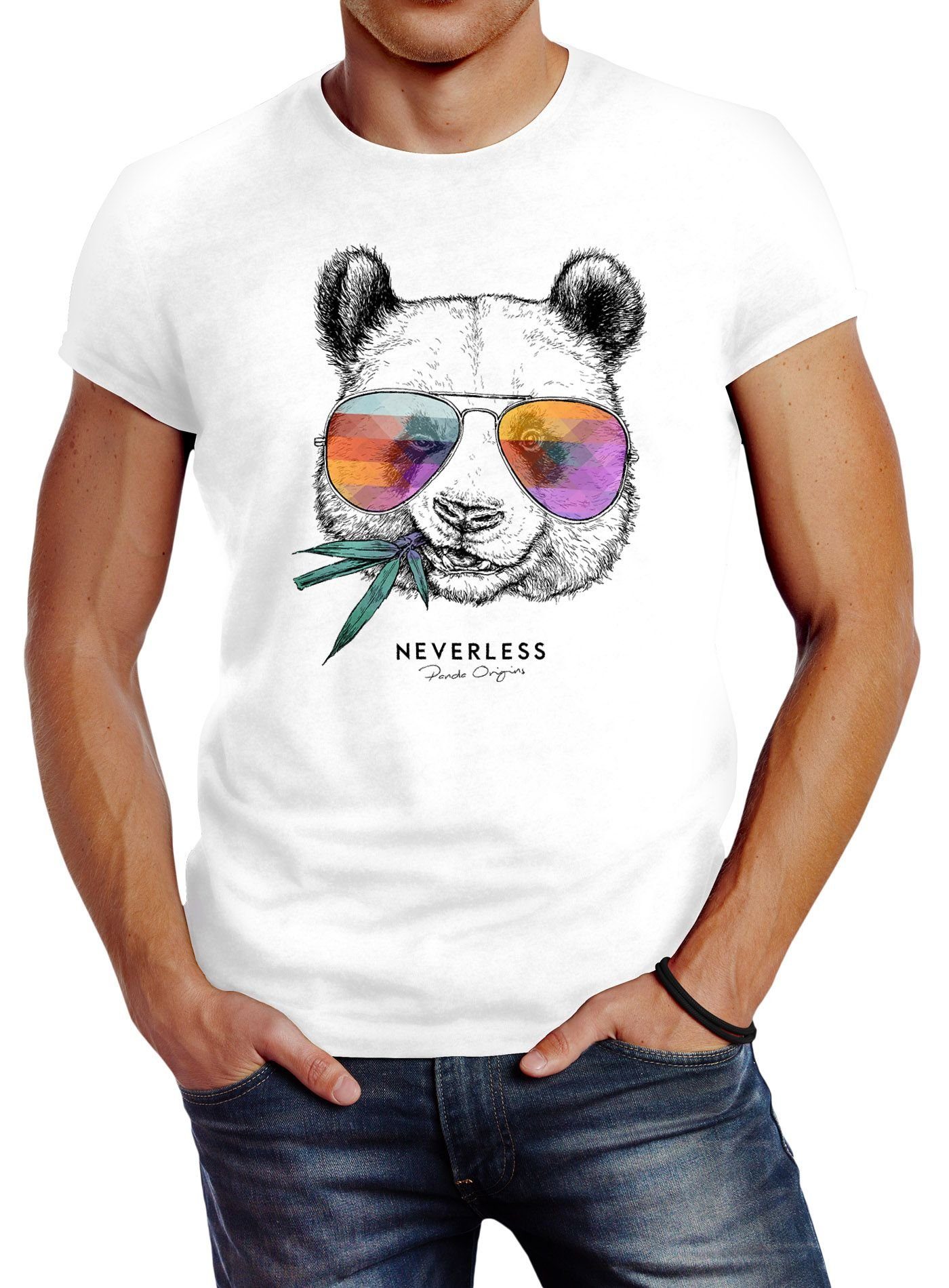 Bär Neverless® Neverless Panda Aufdruck Sonnenbrille mit Streetstyle Print-Shirt Print Herren T-Shirt Tiermotiv Fashion mit