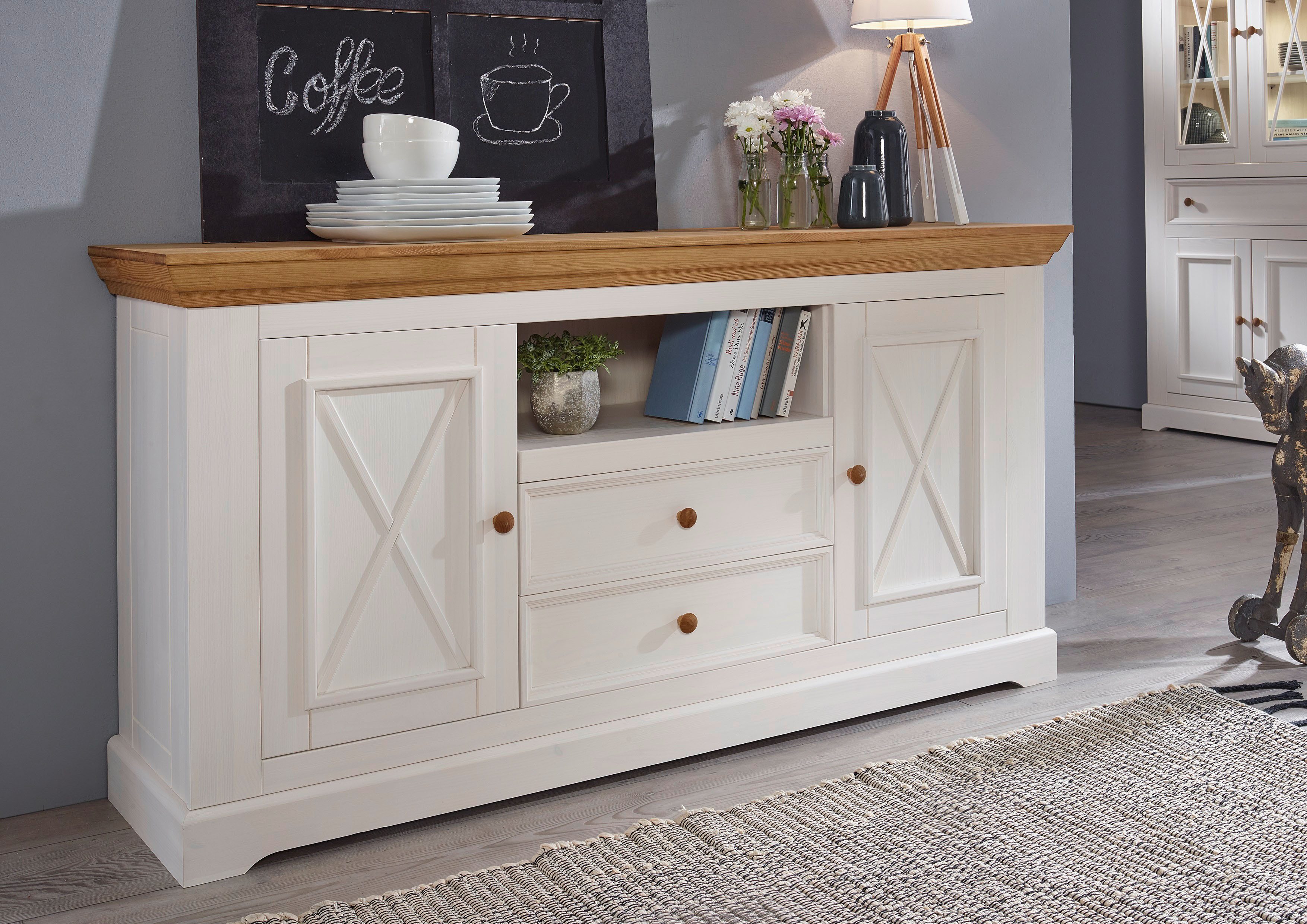 Woodroom Sideboard Oslo, B/H/T: 169/88/42cm, Kiefer weiß gewachst