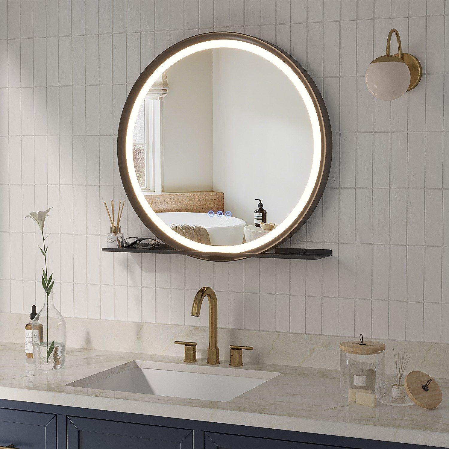 AQUABATOS Badspiegel Rund Badspiegel mit Beleuchtung Wandspiegel Lichtspiegel mit Ablage, 60 cm Badezimmerspiegel mit Rahmen,Beschlagfrei,3 Lichtfarbe,Dimmbar
