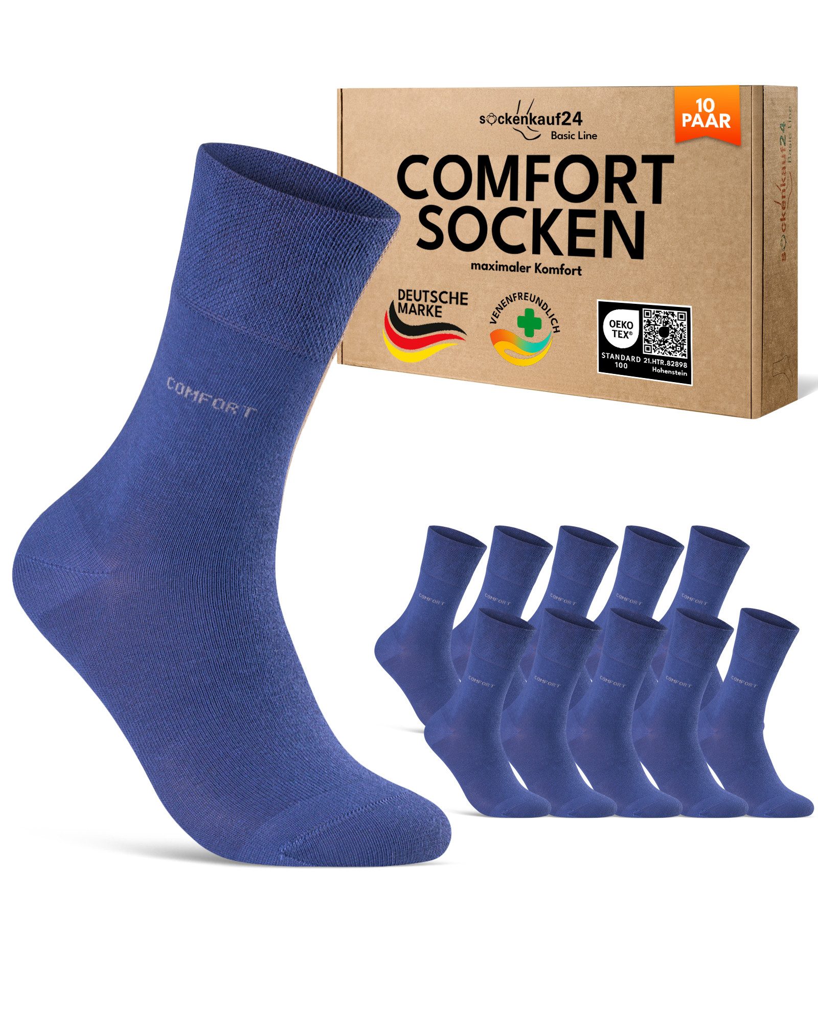 sockenkauf24 Gesundheitssocken Comfort Socken ohne Gummibund & ohne Naht mit Komfortbund (10-Paar) Diabetiker Socken ohne Gummi aus Baumwolle für Damen und Herren