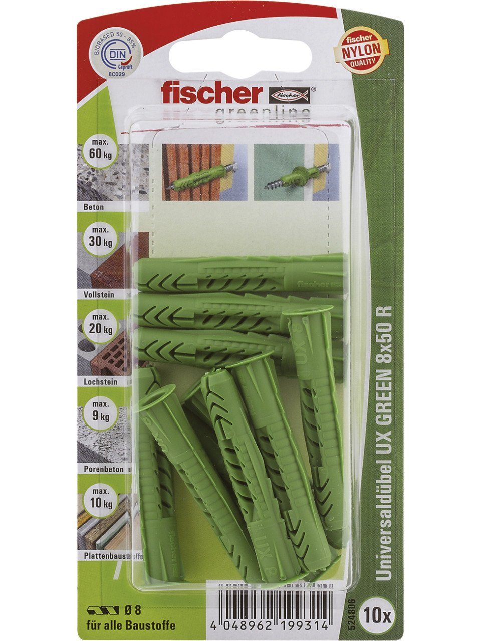 10 Schrauben- Universaldübel und 8.0 UX 50 fischer mm green Dübel-Set - x Fischer