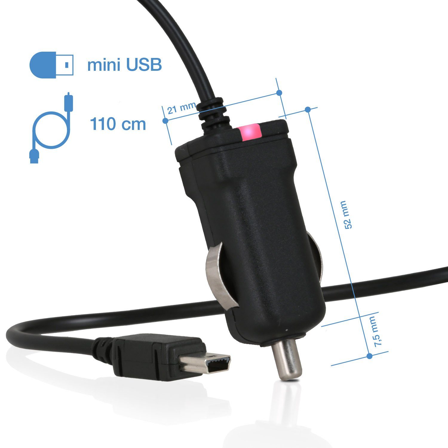 Wicked Chili miniUSB TMC charging cable for Becker 43 Z217 Z215 Z213 Z205 car adapter cigarette lighter plug to mini USB, 100 cm, with integrated TMC antenna and LED function indicator