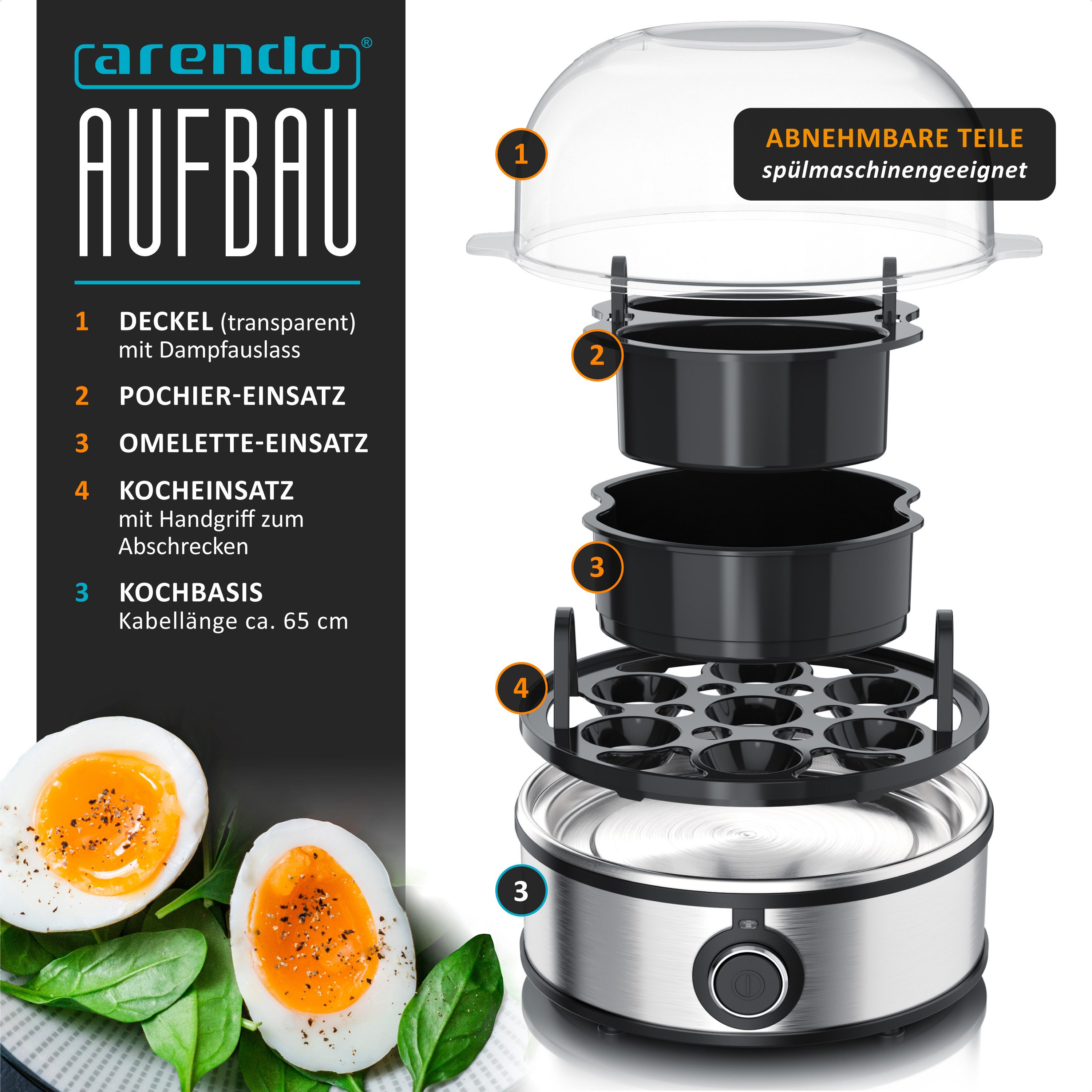 Arendo Eierkocher für 1–7 Eier, Edelstahl, 3 Härtegrade, mit Warmhaltefunktion, 7-Fach, Anzahl Eier: 7 St., 350 W, mit Einsatz für Eier, pochierte Eier & Omelette, Signalton, Egg Cooker