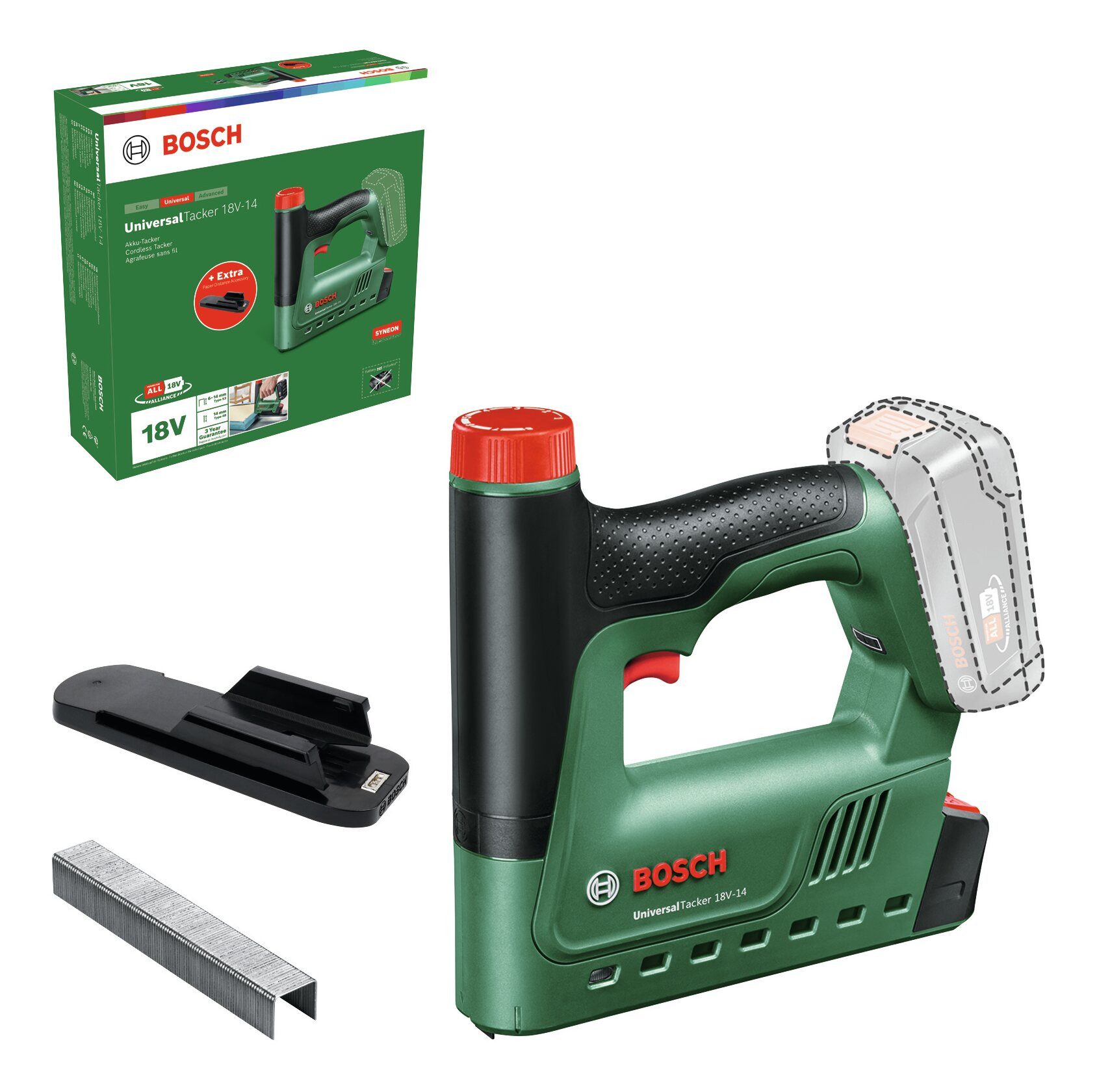 BOSCH Akku-Tacker UniversalTacker 18V-14, 18 in V, Ohne Akku mit 1000 Klammern und Papierabstandshalter - im Karton