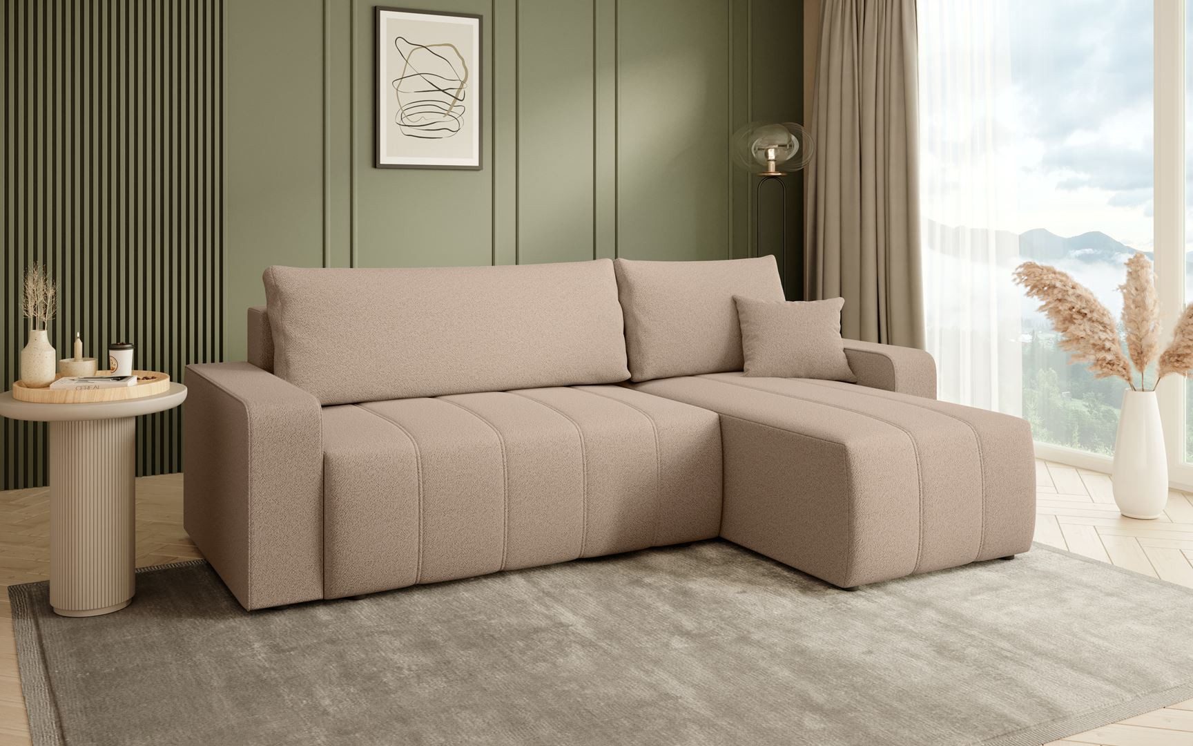 Beautysofa Ecksofa MORI, universelle Seite, mit Schlaffunktion, mit Bettkasten, L-Form, universelle Ottomane, große Liegefläche 120x200 cm