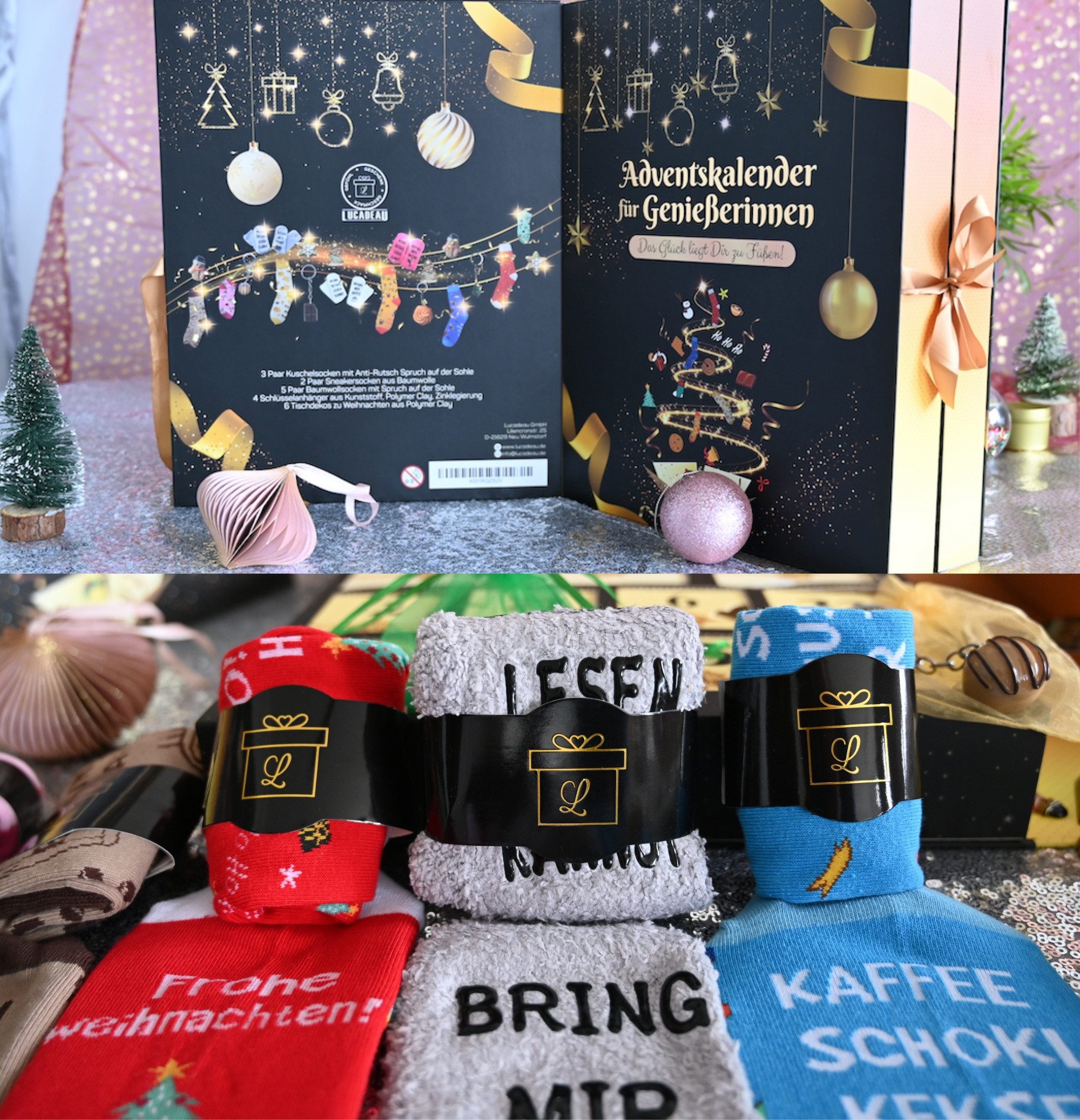 Lucadeau Adventskalender 2025 Damen - Socken Adventskalender Frauen, Luxus Weihnachtskalender, Gr. 37-43, Premium Socken mit Spruch, schöne Anhänger zu Weihnachten