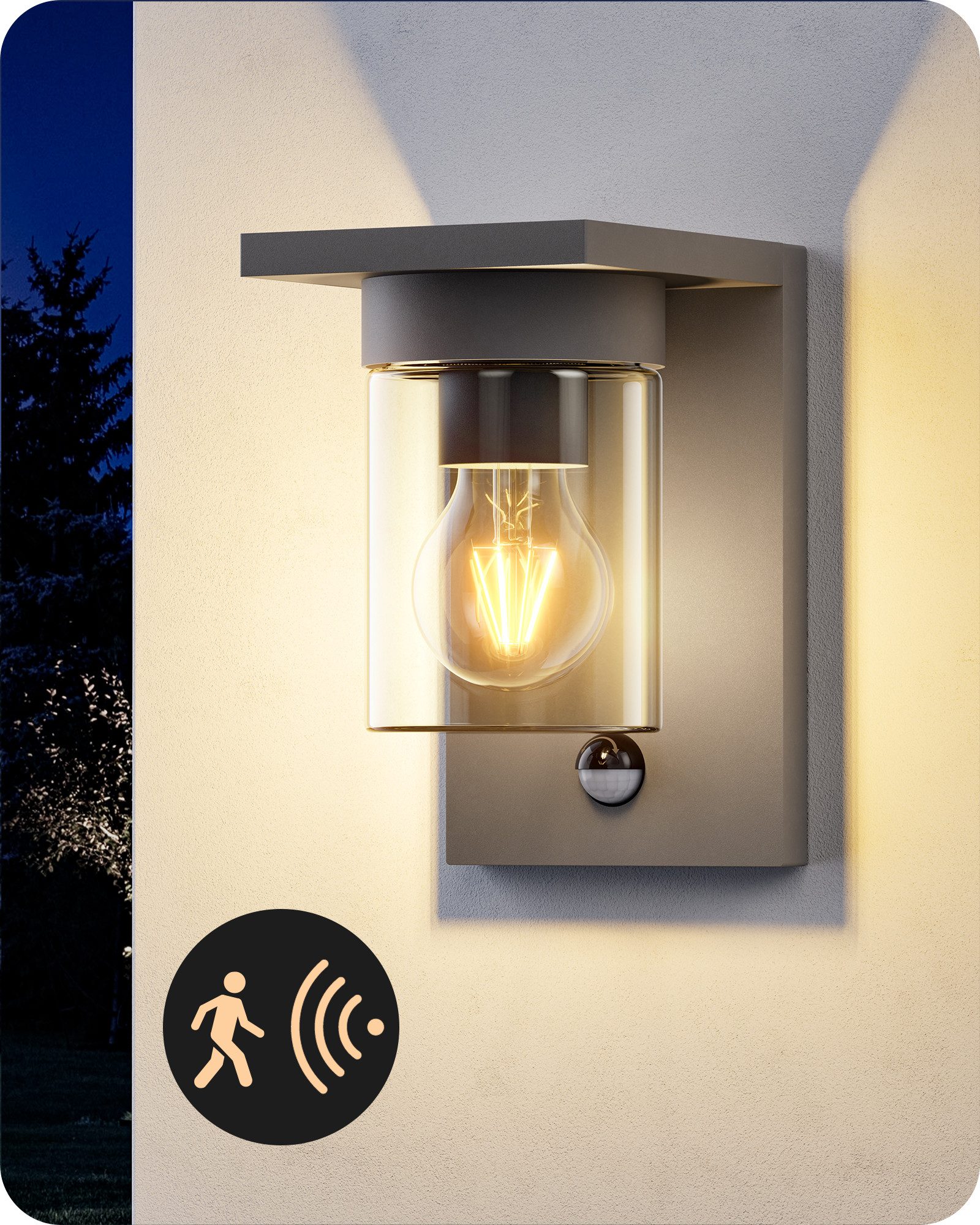 EDISHINE Außen-Wandleuchte mit Bewegungsmelder, für Terrasse Garten Eingang, ohne Leuchtmittel, Wandleuchte mit Sensor, E27-Fassung, Aluminiumgehäuse, Anthrazit