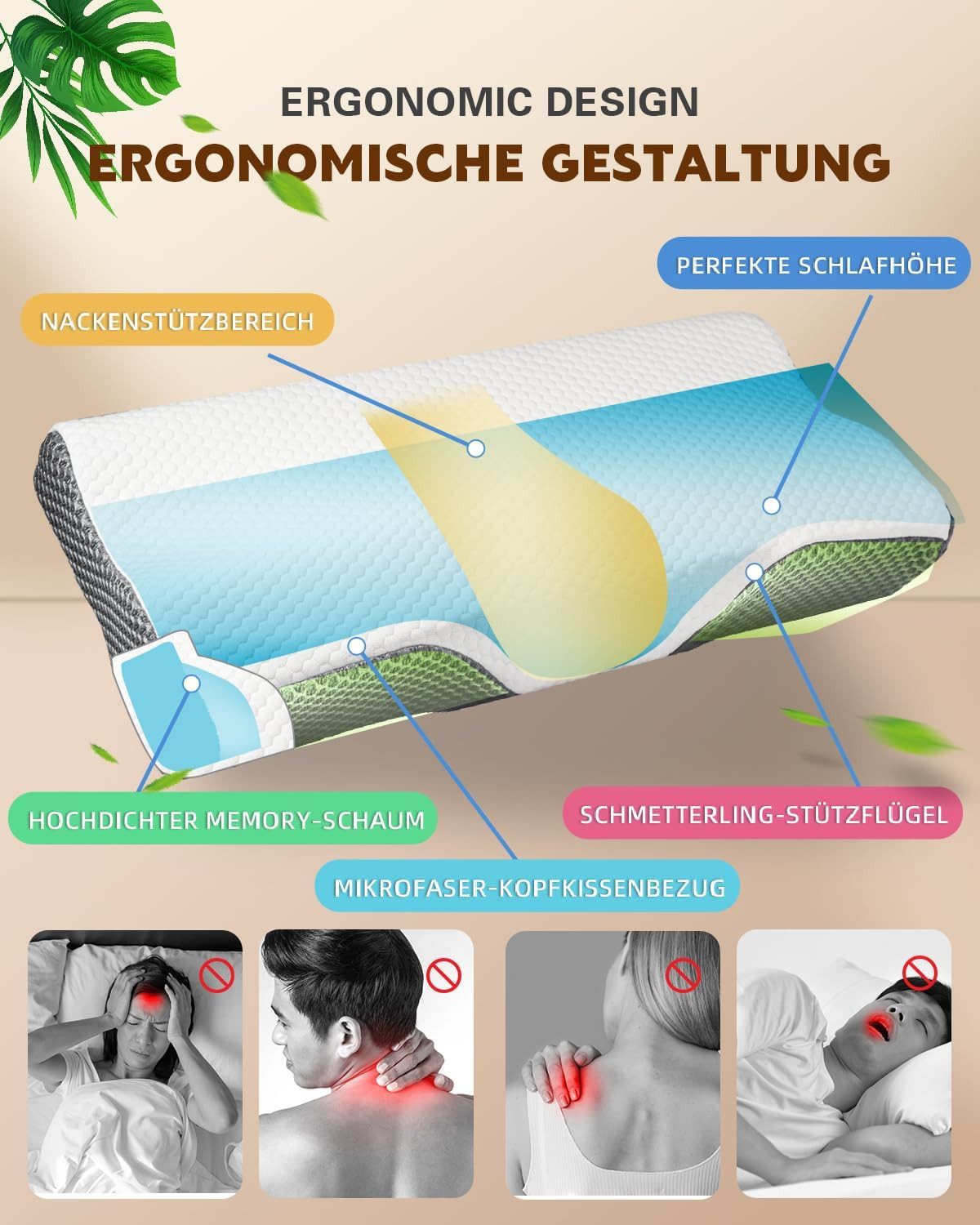 Esun Kopfkissen Nackenstützkissen, Orthopädisches, Nackenkissen Seitenschläferkissen, Füllung: Memory foam, Seitenschlafer, Rückenschlafer, Bauchschlafer, Set, Kissen vom OEKO-TEX® und CertiPUR Getestet, Nackenkissen, Kopfkissen für Erwachsene
