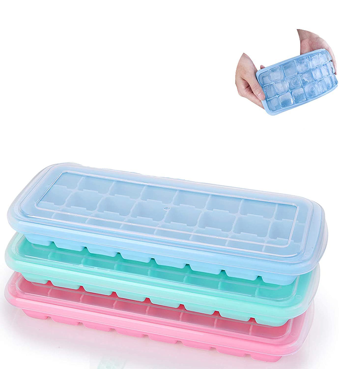 Leway Eiswürfelbehälter »Silikon-Eiswürfelformen mit Deckel, 24 Fächer,  3er-Pack, Eiswürfelformen mit Deckel, Eiswürfelschale, BPA-freie Eiswürfel,  leicht zu entfernen, Blau/Rosa/Grün«, (3-tlg)