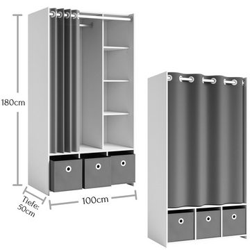 möbelando Kleiderschrank Jill Moderner Kleiderschrank aus Spanplatte in Weiß, Vorhang aus 100% Polyester in Grau mit 4 Konstruktionsböden, 2 Einlegeböden, 1 Kleiderstange und 3 Aufbewahrungsboxen. Breite 100 cm, Höhe 180 cm, Tiefe 50 cm