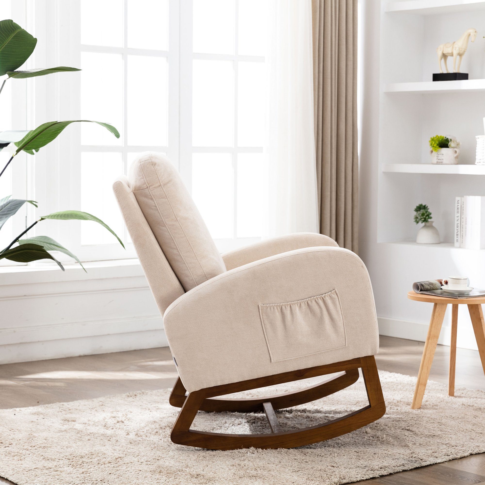 Schaukelstuhl OKWISH (mit Baby- Sessel hoher Stuhl Polsterstuhl Schaukelstuhl beige Seitentaschen, Wohnzimmerstuhl und mit Kindergepolsterter Rückenlehne), Relax