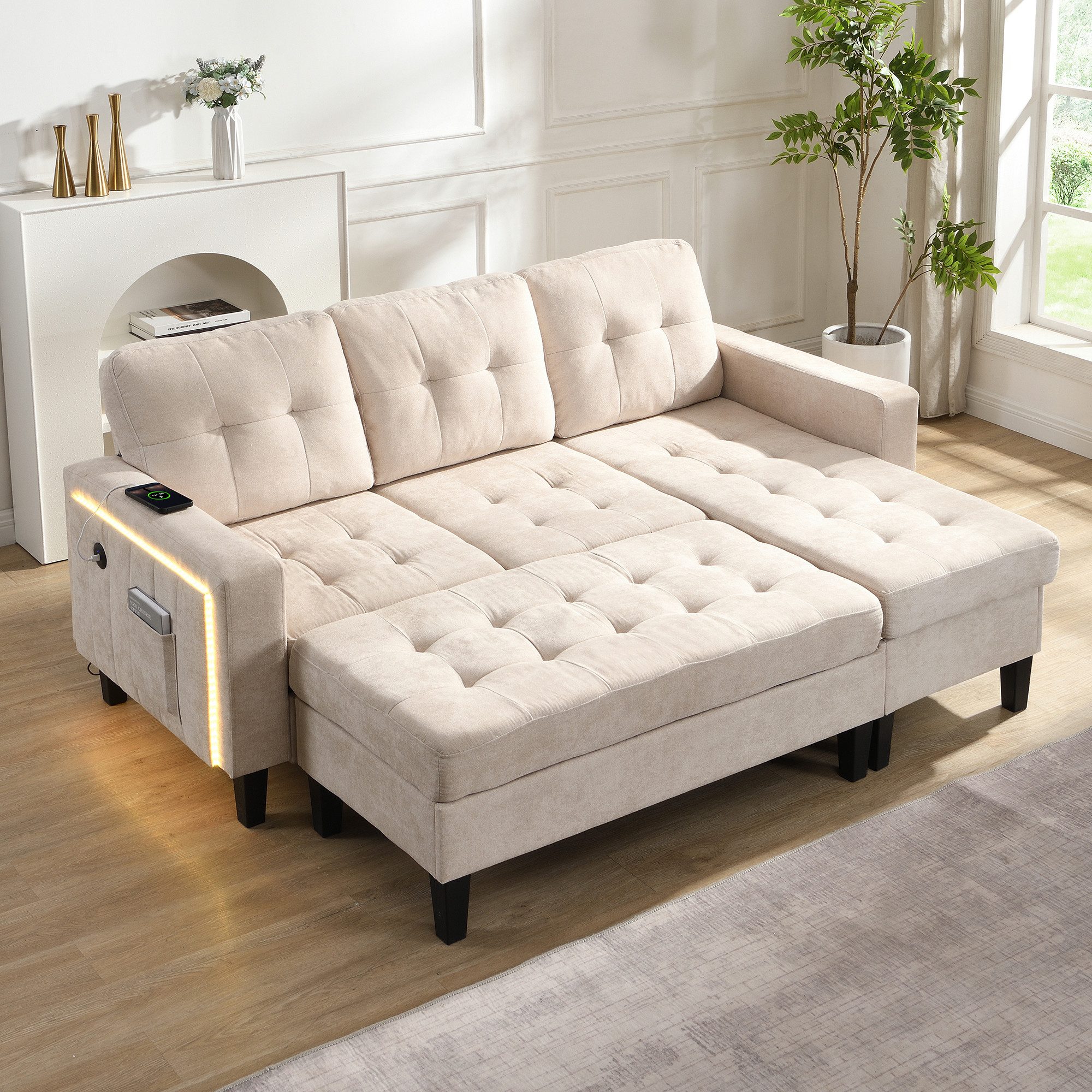 Merax Schlafsofa L-Form Sofa mit LED-Beleuchtung, 185x135x85cm, Flexibles Design,Chenille-Stoff 1 Teile, 3-Sitzer Chaiselongen mit XXL Fußbank, Modulares Sofabett Ecksofa