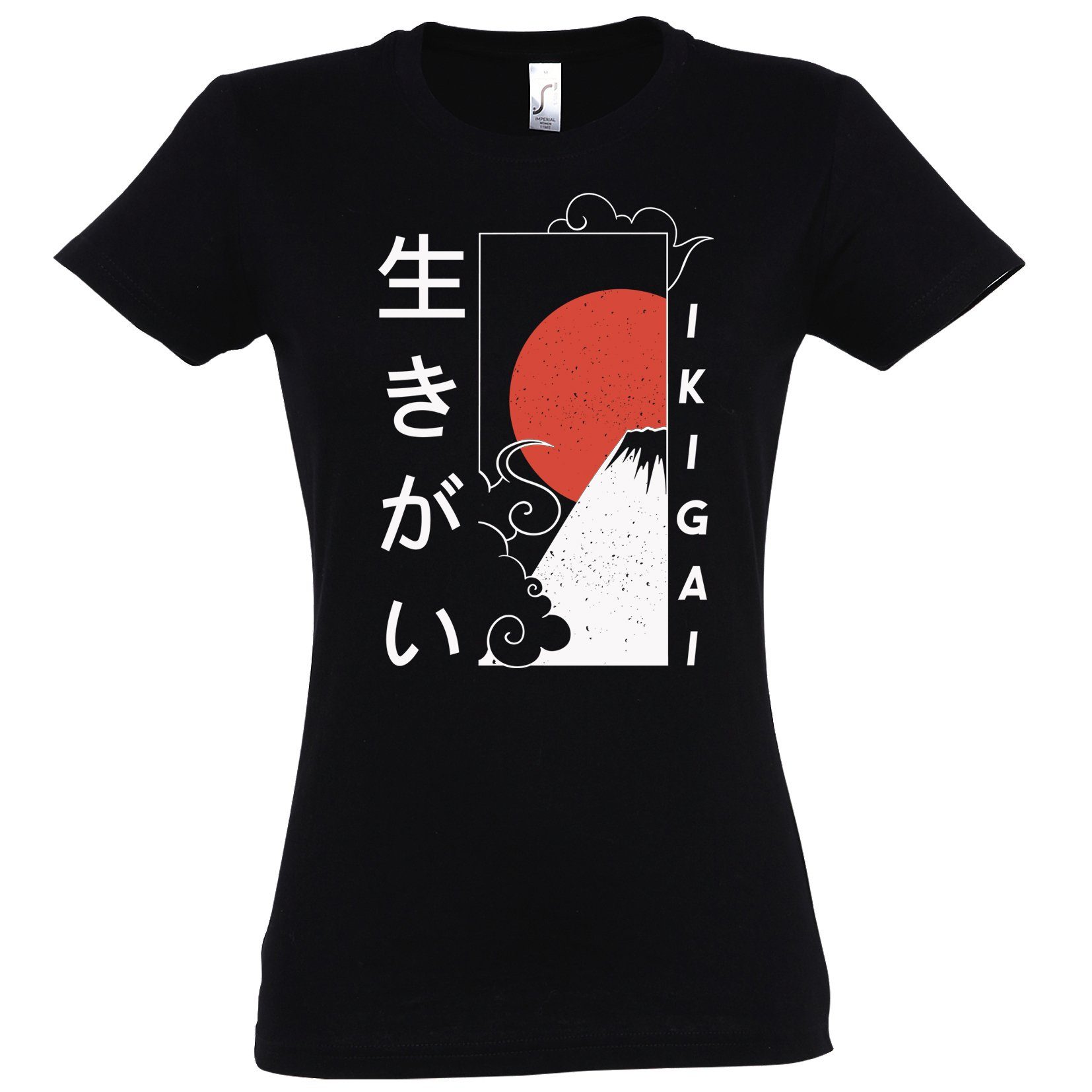 mit Youth Ikigai Designz Damen T-Shirt trendigem Shirt Frontprint Schwarz Japan