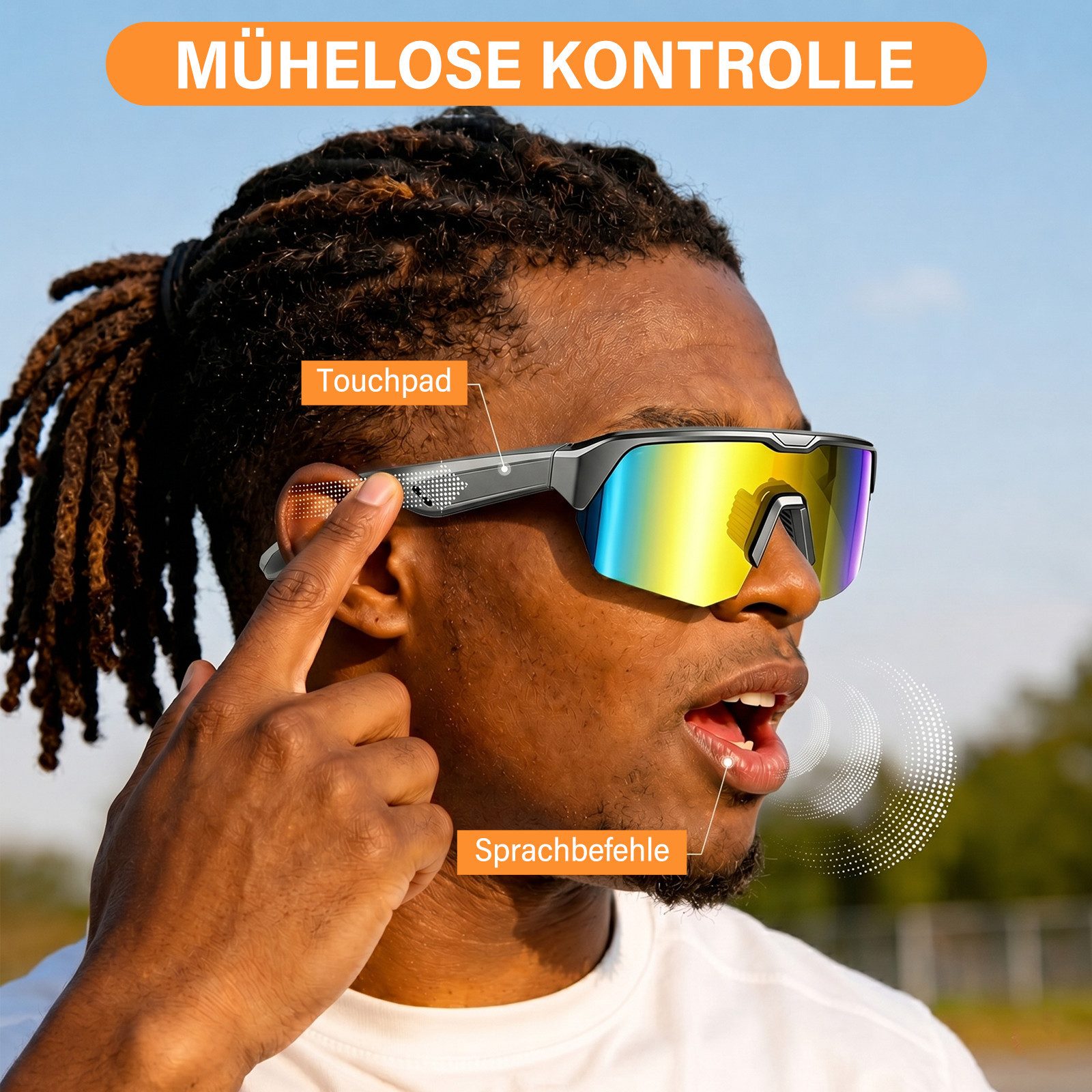 MOPUEA Sonnenbrille Bluetooth Sportbrille Fahrradbrille Open-Ear Audio Freisprechfunktion (Bluetooth Sportbrille mit Freisprechfunktion, Kabellose Sportbrille mit Bluetooth 5.3 und UV-Schutz) Freihändiges Telefonieren und Musik beim Sport
