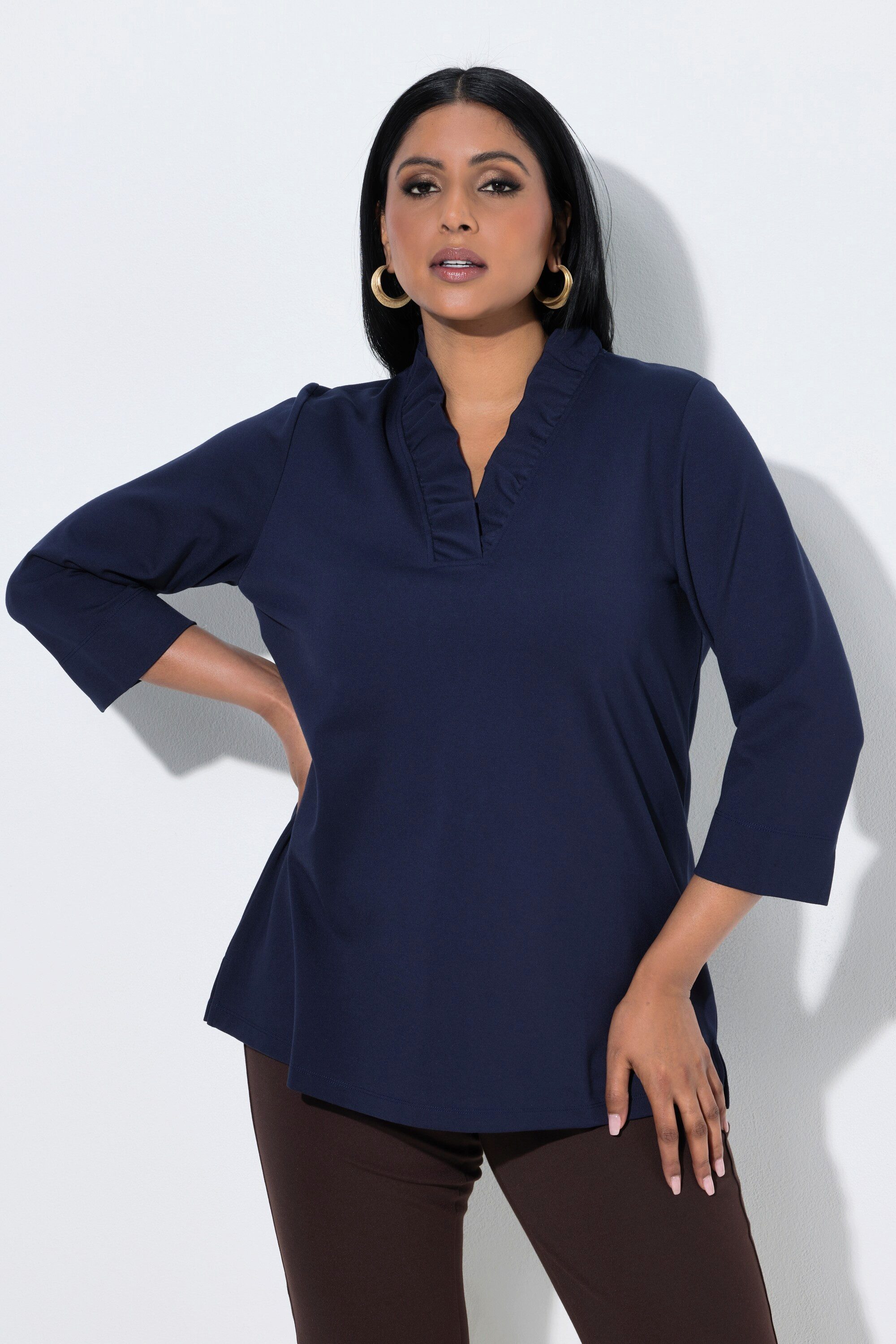 Ulla Popken T-Shirt Shirt Rüsche Classic V-Ausschnitt 3/4-Arm