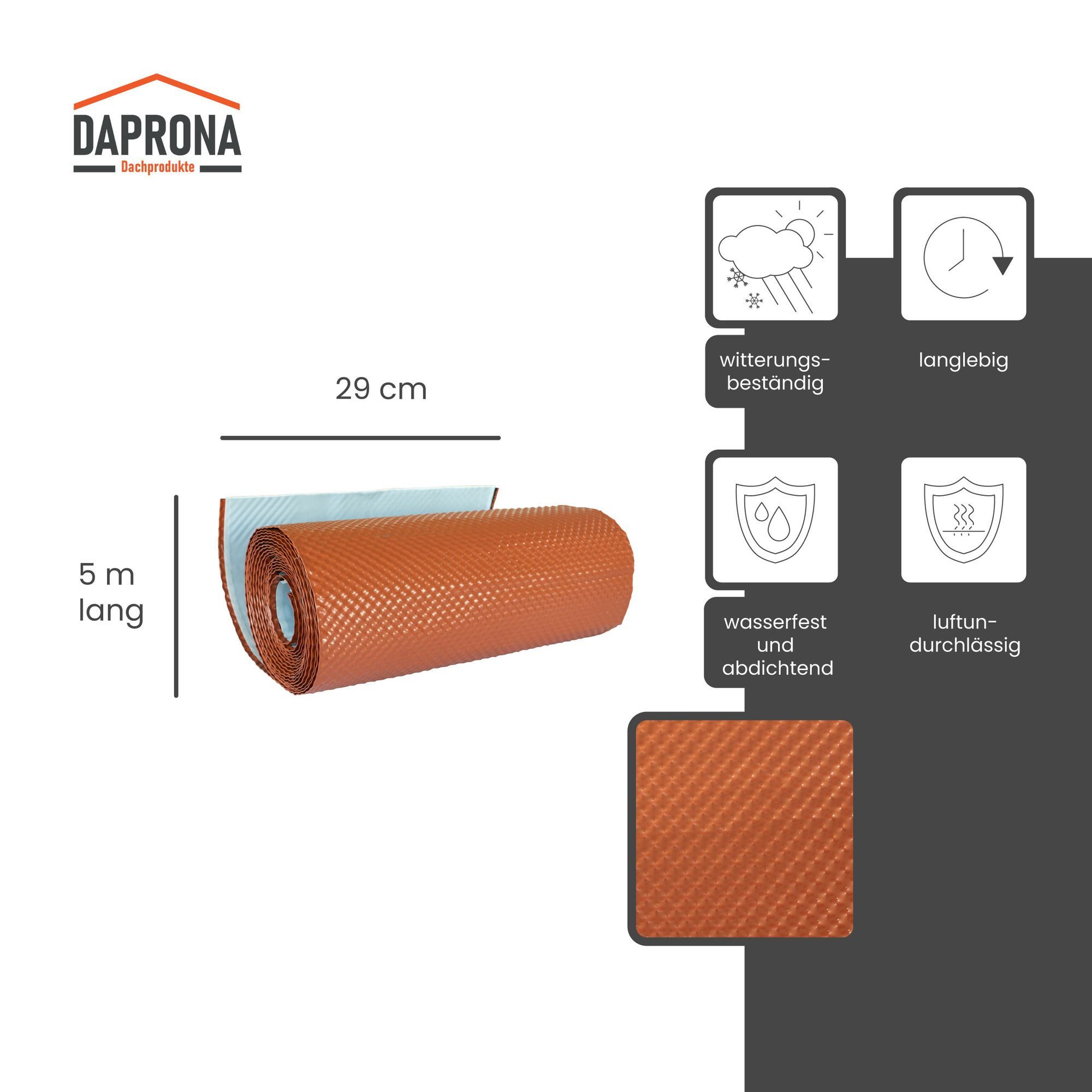 DAPRONA Anschlussdichtungsband 5m Wandanschlussband 3D, Kaminanschlussband, (5m x 29cm, Kaminanschlussband, selbstklebend Ziegelrot Breite, aus Aluminium mit Butyl Klebstoff, Dachabdichtung, 1-St), Kaminanschlussband, aus Aluminium mit Butyl Klebstoff, Dachabdichtung