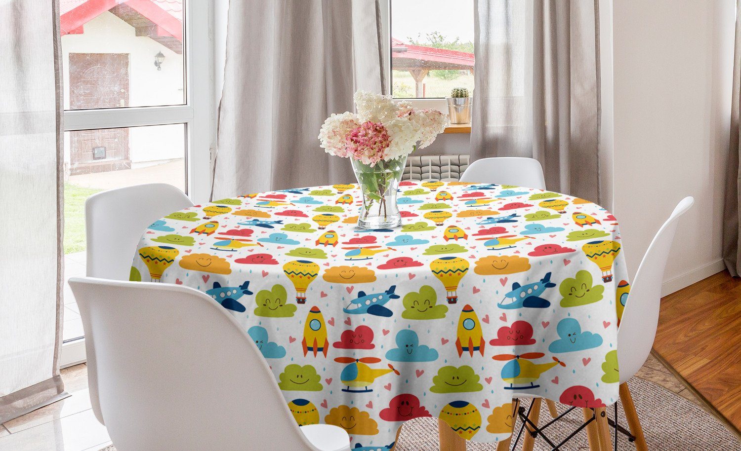 Abakuhaus Tischdecke Kreis Tischdecke Abdeckung für Esszimmer Küche Dekoration, Kindergarten Wolken Ballons Flugzeuge | Tischdecken