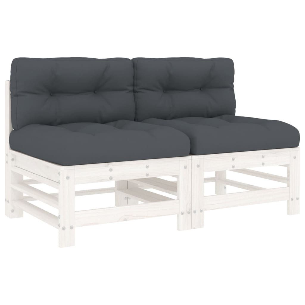 vidaXL Gartenlounge-Mittelteil, Mittelsofas mit Kissen 2 Stk. Weiß Massivholz Kiefer