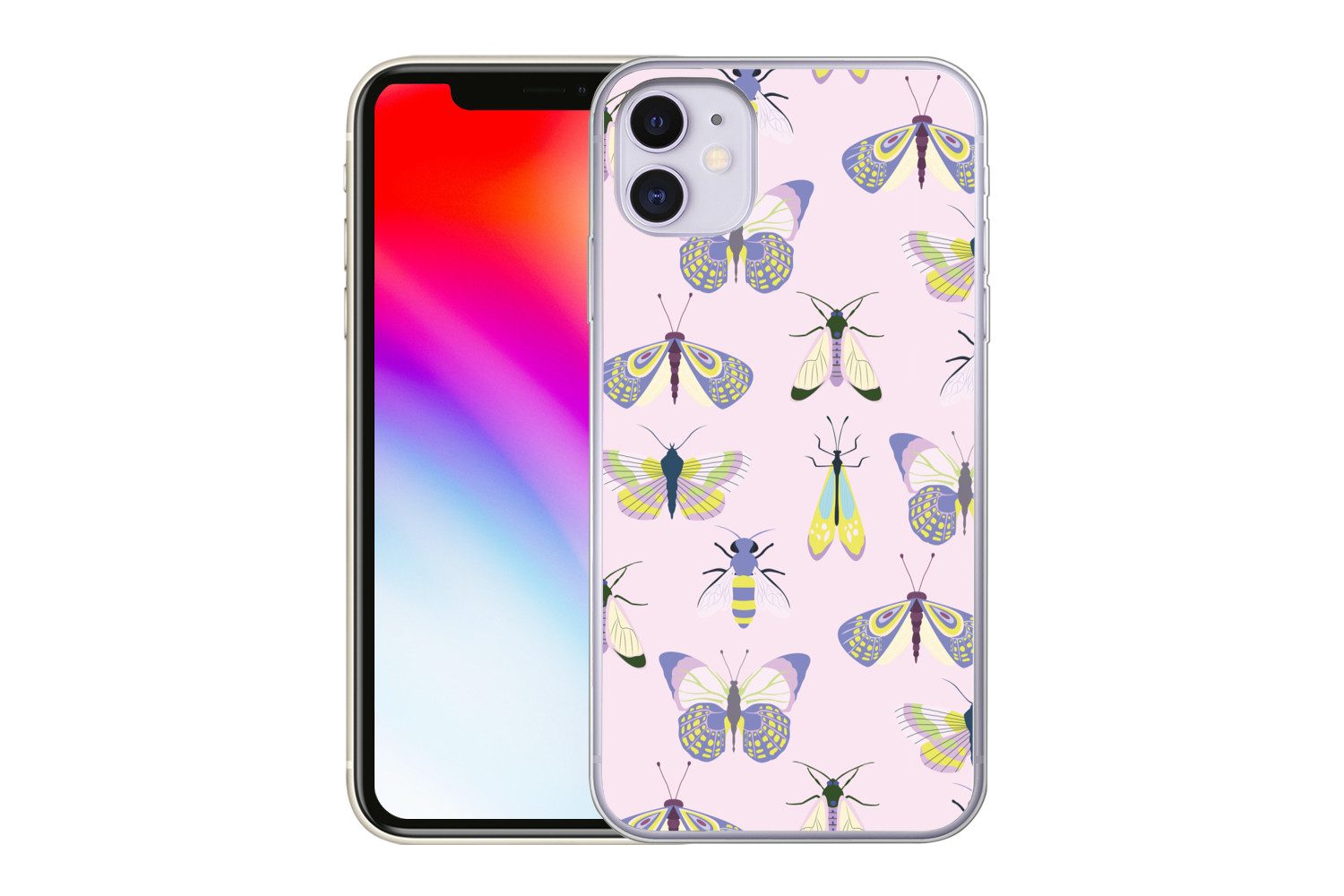 MuchoWow Handyhülle für Apple iPhone 11 Insekten - Schmetterlinge - Muster - Rosa - Farben, Smartphone-Bumper, Print, Handy Schutzhülle Dünn