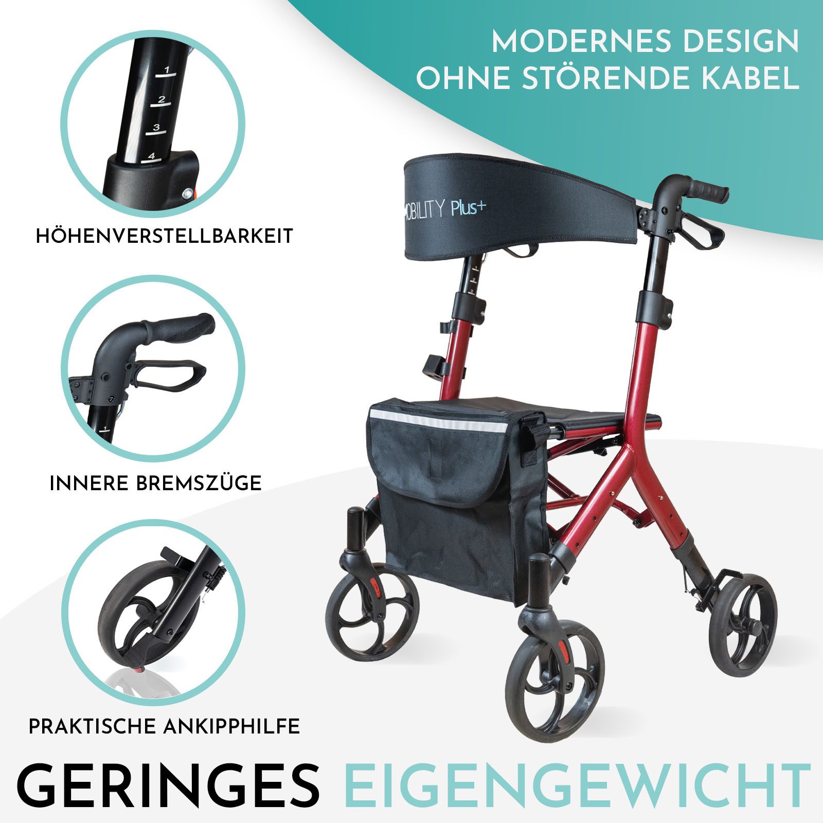 MOBILITY Plus+ Rollator DR10+, Gehwagen im Trend-Design - klappbar, höhenverstellbar u, inkl. Tasche