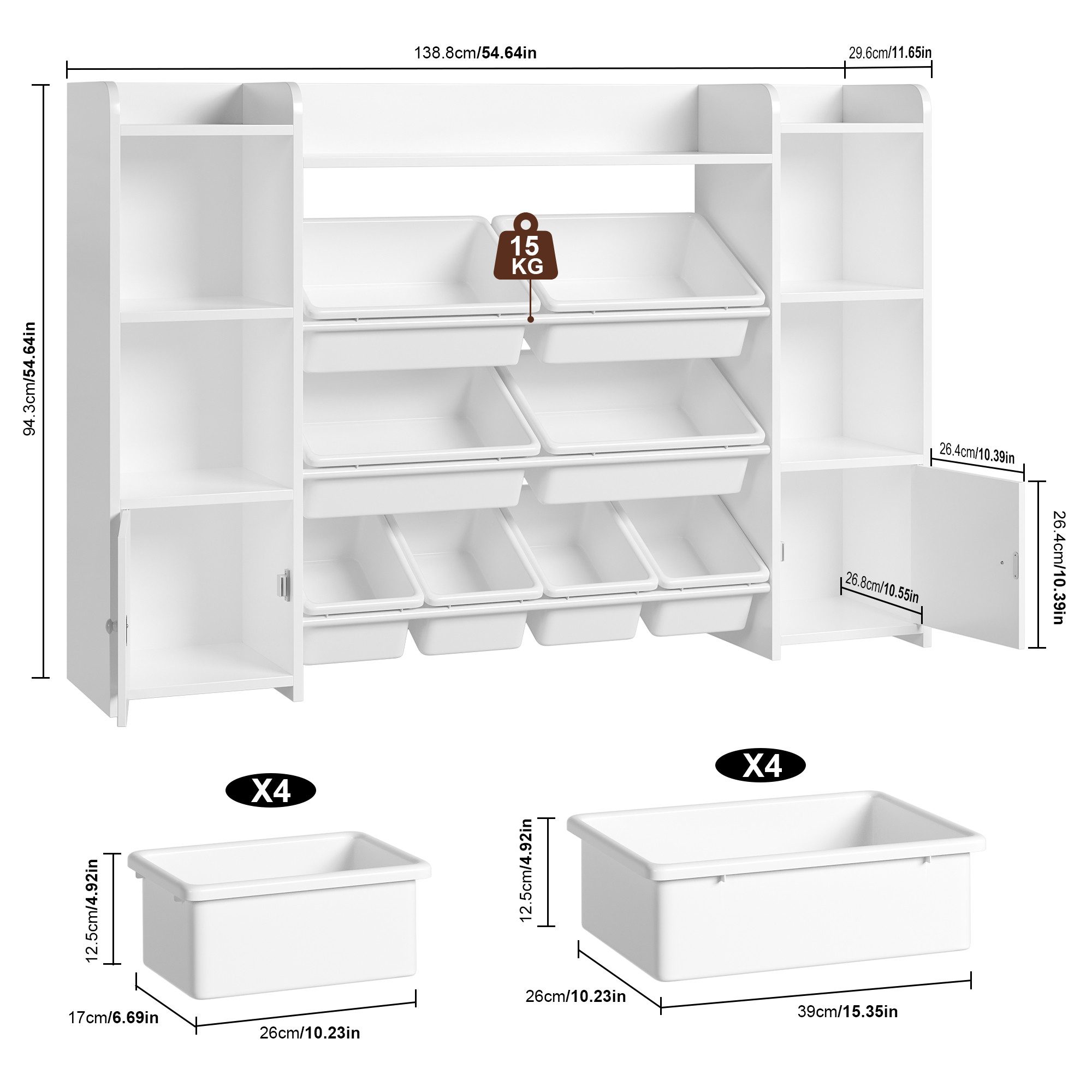 Homfa Spielzeugtruhe, Kinderregal Bücherregal Spiegelregal mit 8 Boxen weiß 138x29x94 cm