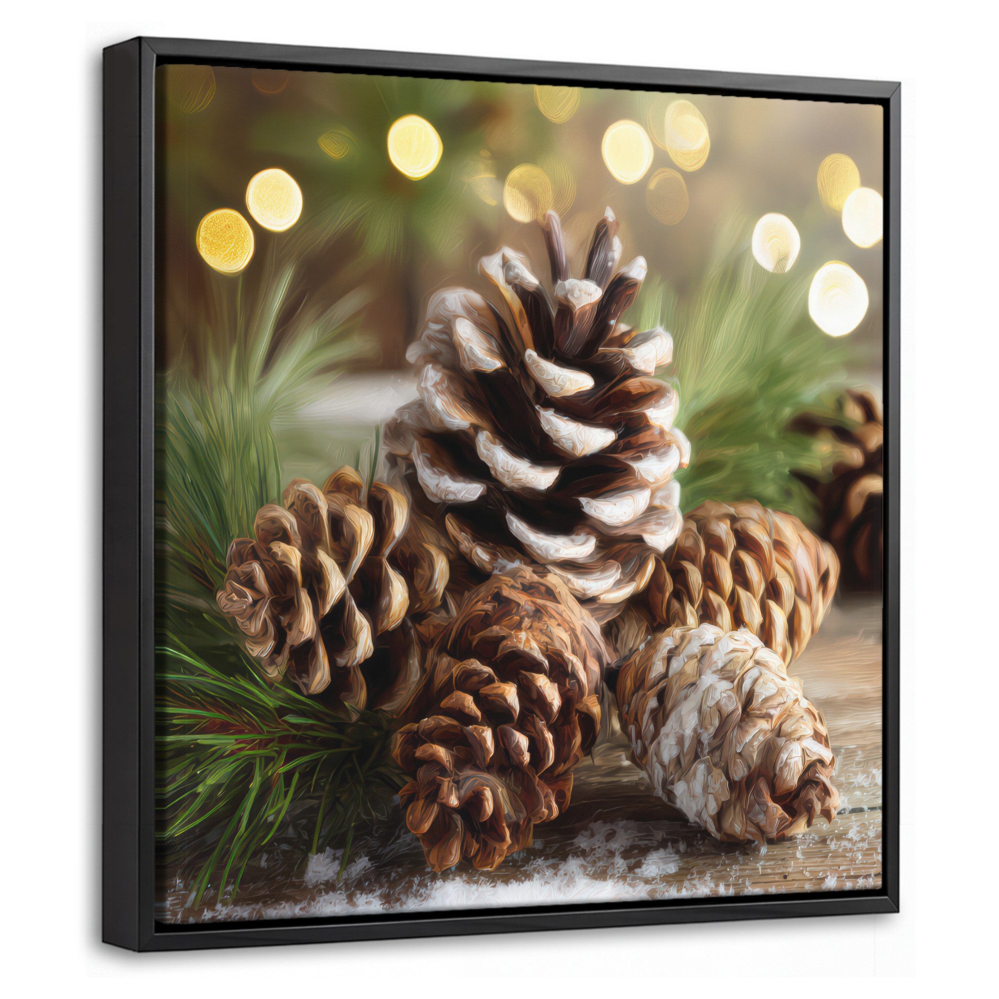 OneMillionCanvasses® Leinwandbild mit Rahmen - Tannenzapfen - Weihnachtsstimmung - Braun - Grün, Fotodruck (1 St), Leinwand Bilder Klein, Wand Dekoration Aesthetic 20x20cm