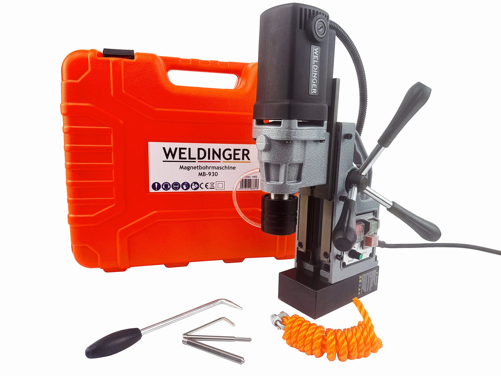 WELDINGER Bohrmaschine Magnetbohrmaschine MB-930 Weldon Drehgriff Schmiersystem Koffer 230 V, 230 V/50 Hz V, max. 750 U/min