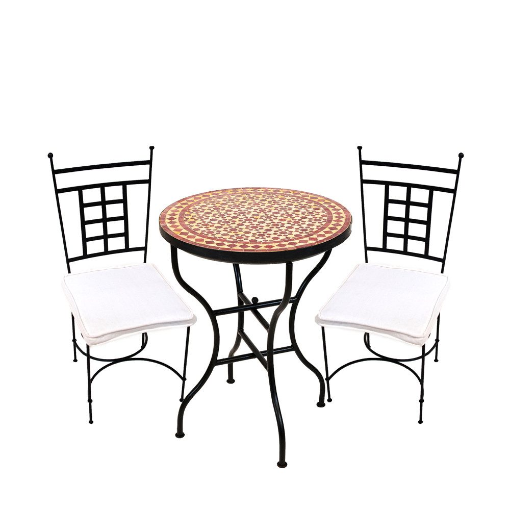 Marrakesch Orient & Mediterran Interior Garten-Essgruppe Bistro 3er Set mediterran Albaicin Beige Bordeaux 60cm Athen, (3-tlg), Handarbeit