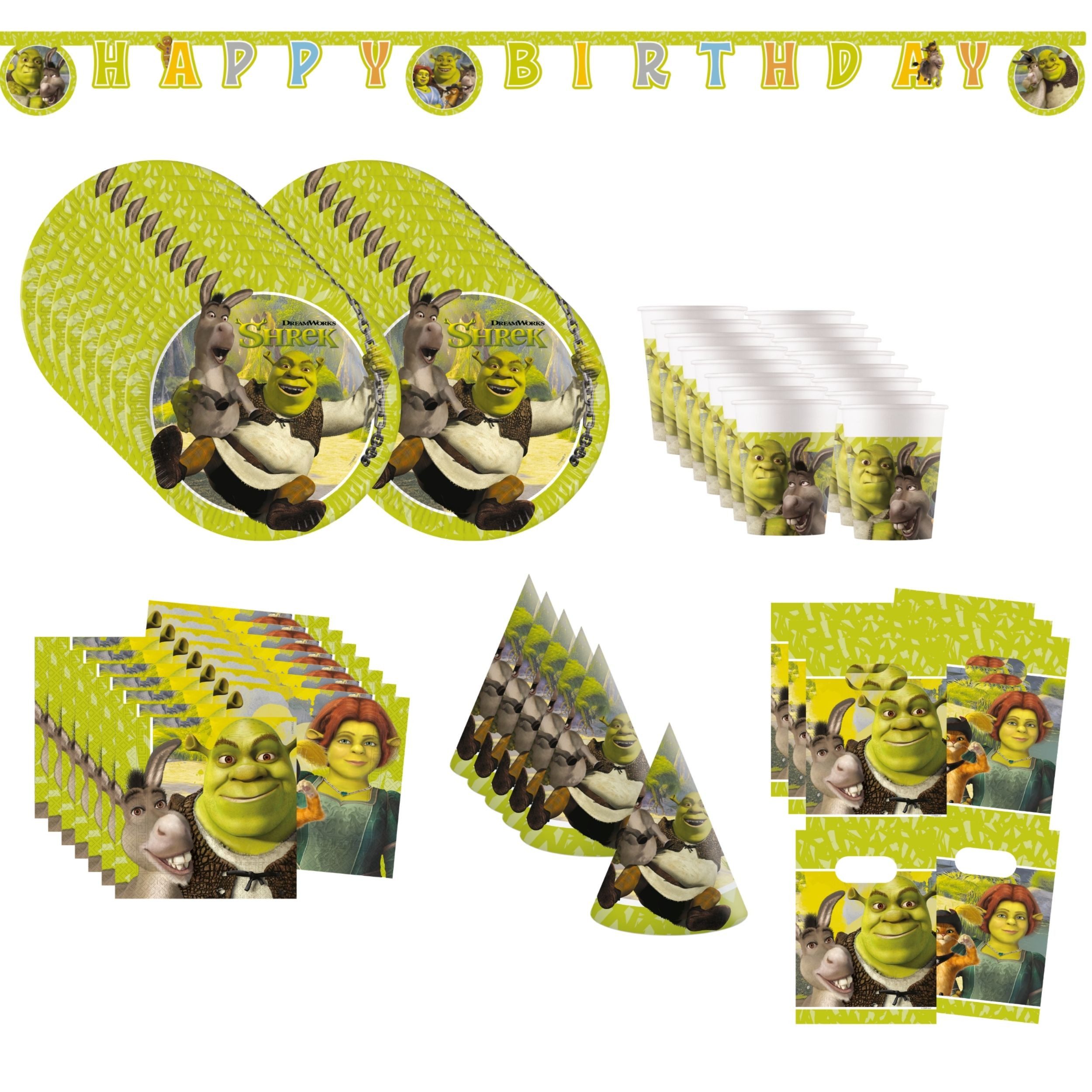 Procos Einweggeschirr-Set Shrek Geburtstag Partygeschirr 67-tlg Set Geschirr Deko Hüte Tüten, 16 Personen