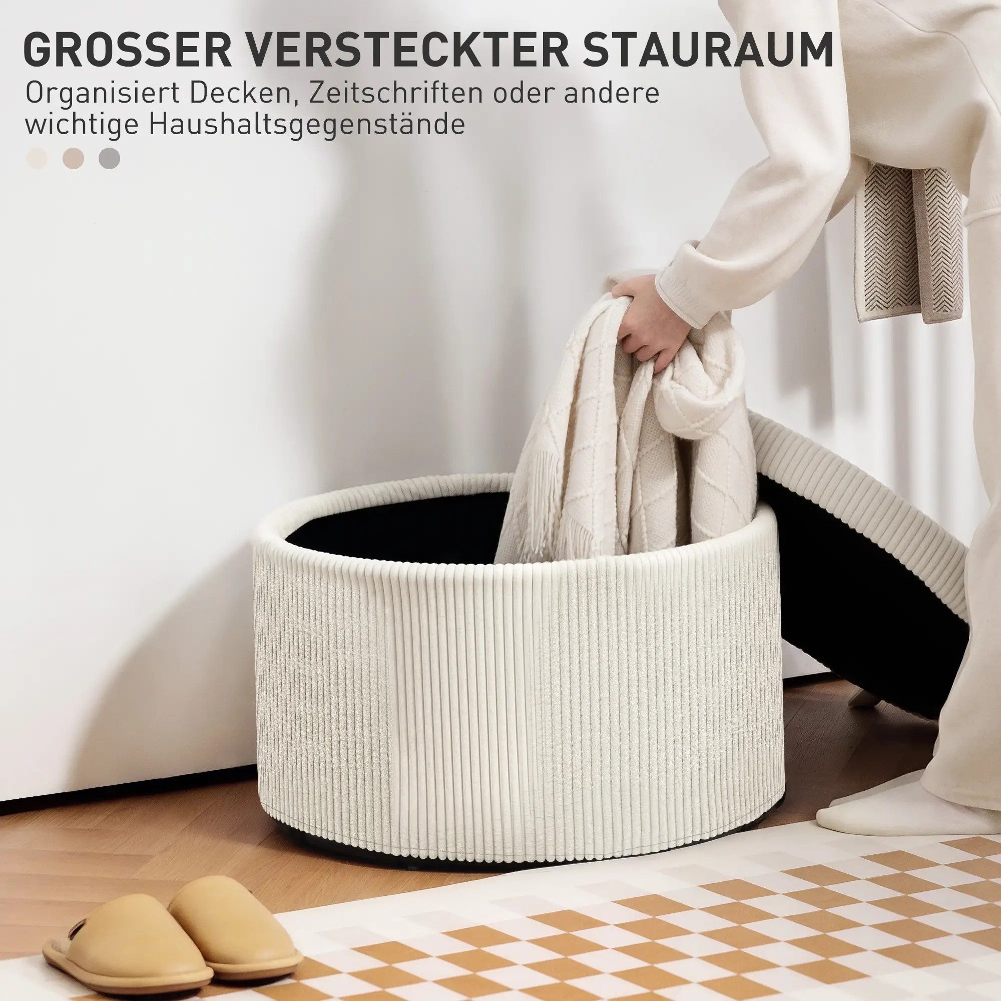 BlingBin Sitzhocker Runder Polsterhocker mit Stauraum Hocker mit Deckel (Schminkhocker, 1 St., Ottomane 60cm x 60cm x 41cm), Fußhocker mit 97 L Stauraum, Cordstoff, Schaumstoff, Sitzhocker, Beige
