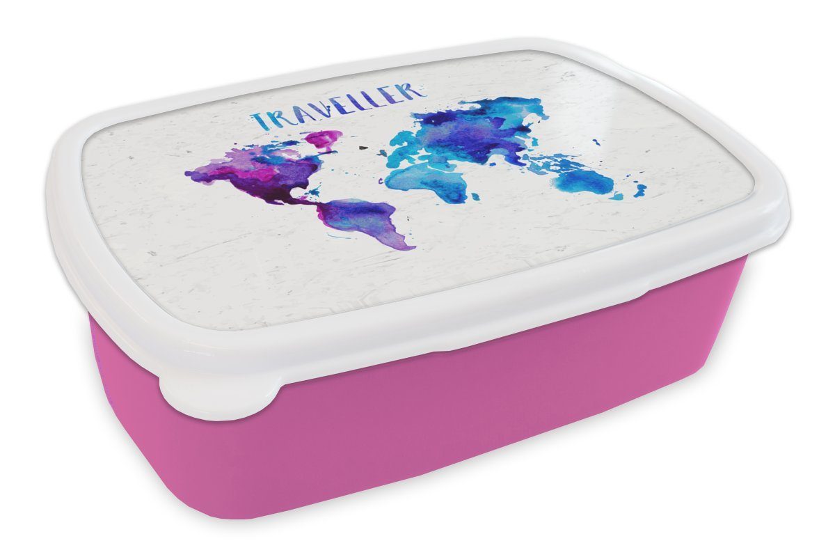 MuchoWow Lunchbox Weltkarte - Sprichwörter - Aquarelle, Kunststoff, (2-tlg), Brotbox für Erwachsene, Brotdose Kinder, Snackbox, Mädchen, Kunststoff rosa