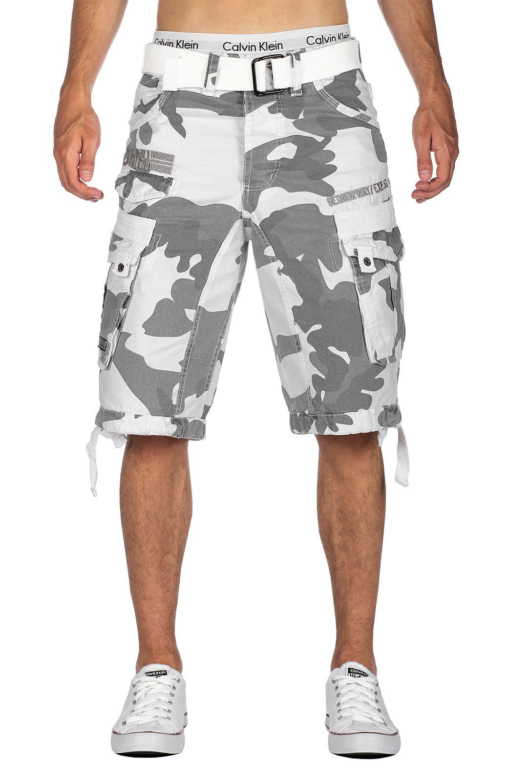 mit weiß Cargoshorts Herren kurze Geographical Norway (1-tlg) bapanoramique Gürtel Camo Hose