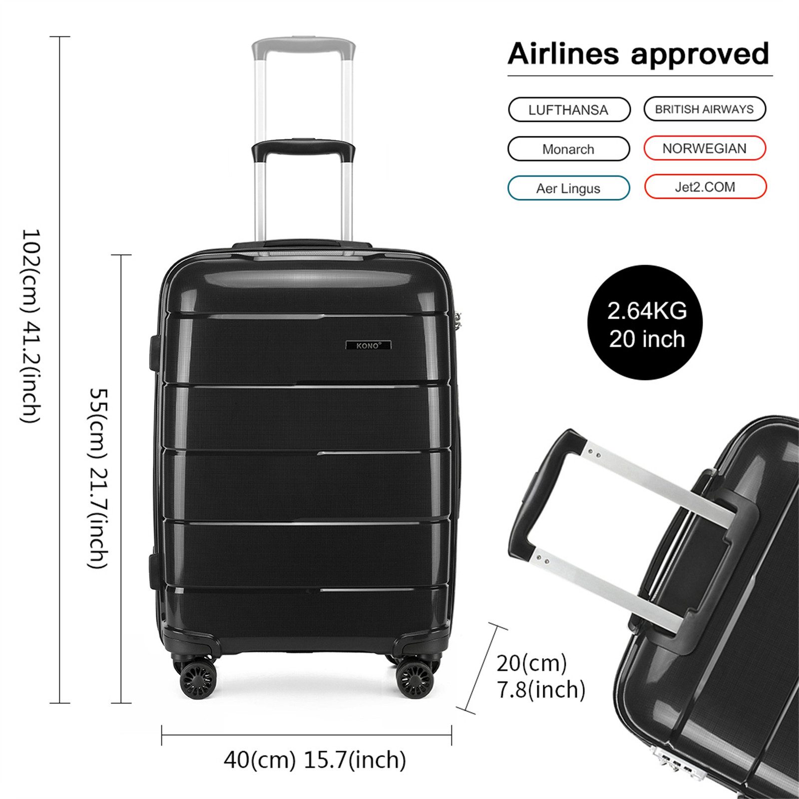 KONO Koffer Trolley mit 4 Rollen Polypropylen Ideal für Business & Schule – Bild 2 von 5