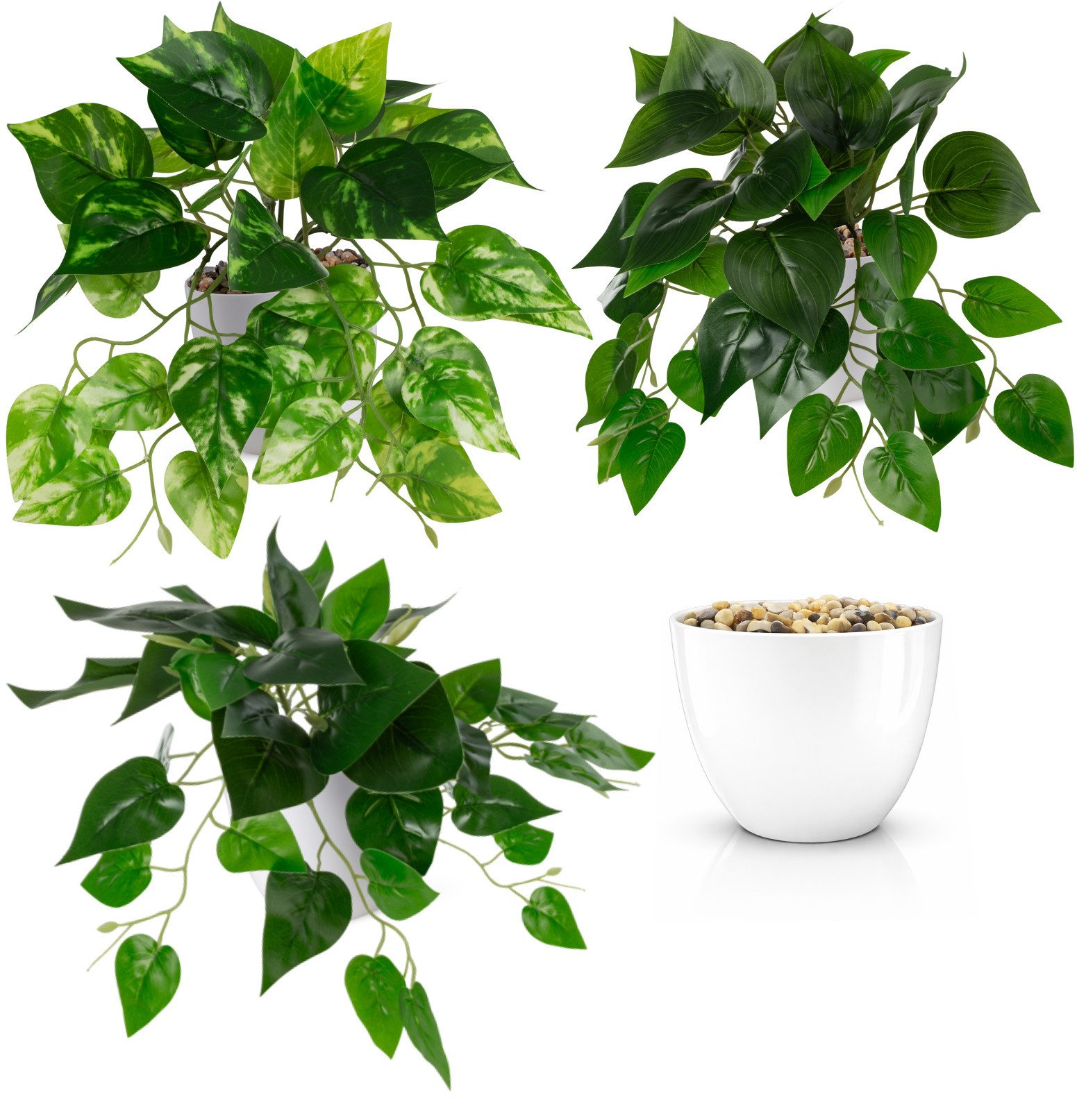 Kunstpflanze Künstliche Hängepflanzen im bruchfesten Topf, Hängepflanze künstlich Efeu, Monstera, Philodendron, Calathea, Pfeilblatt, Mosaik- & Zebrapflanze, PASCH, Bruchfester weißer Kunststofftopf