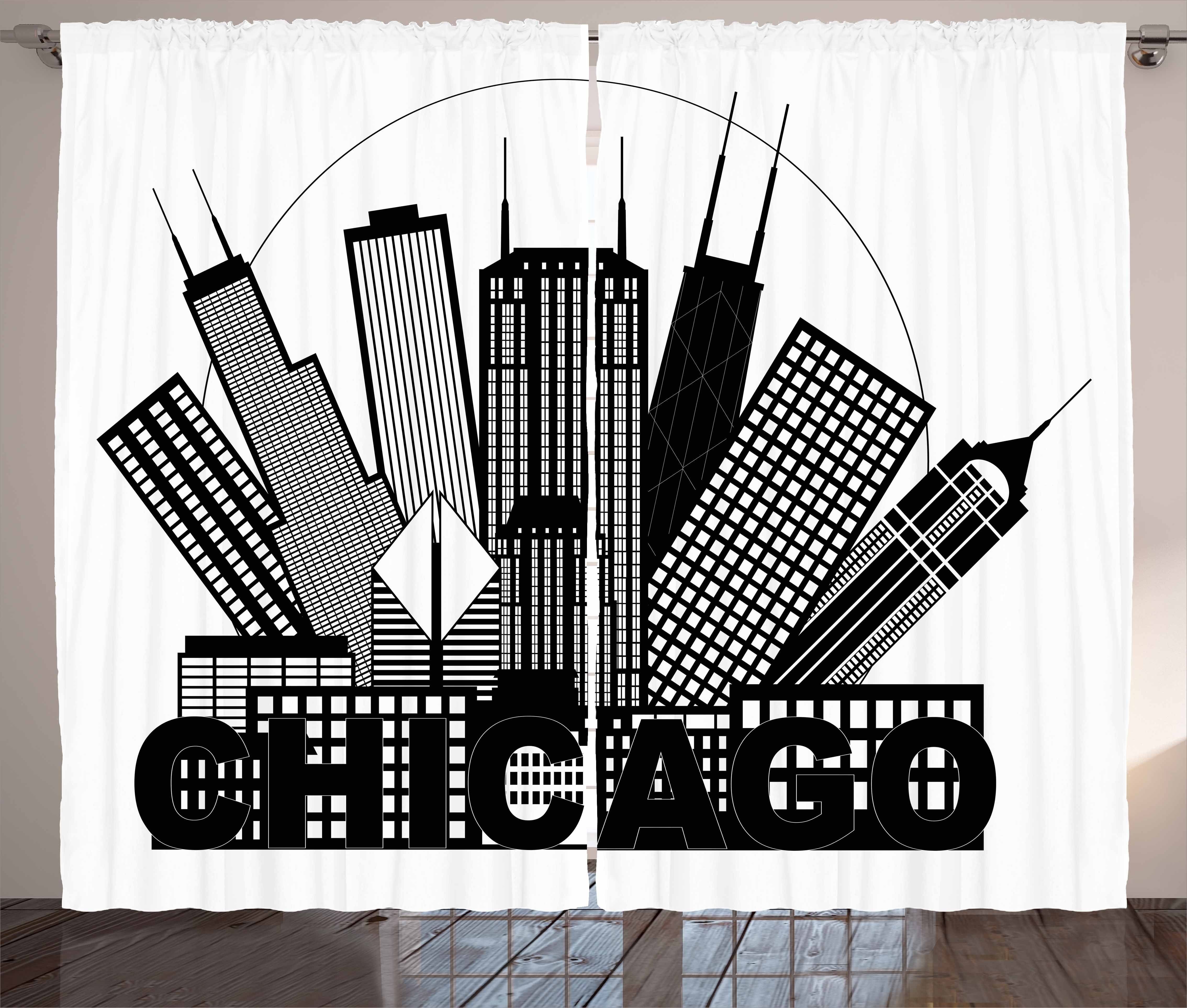 Gardine Schlafzimmer Kräuselband Vorhang mit und Schlaufen Stadt Chicago Skyline Abakuhaus, Kreis in Haken