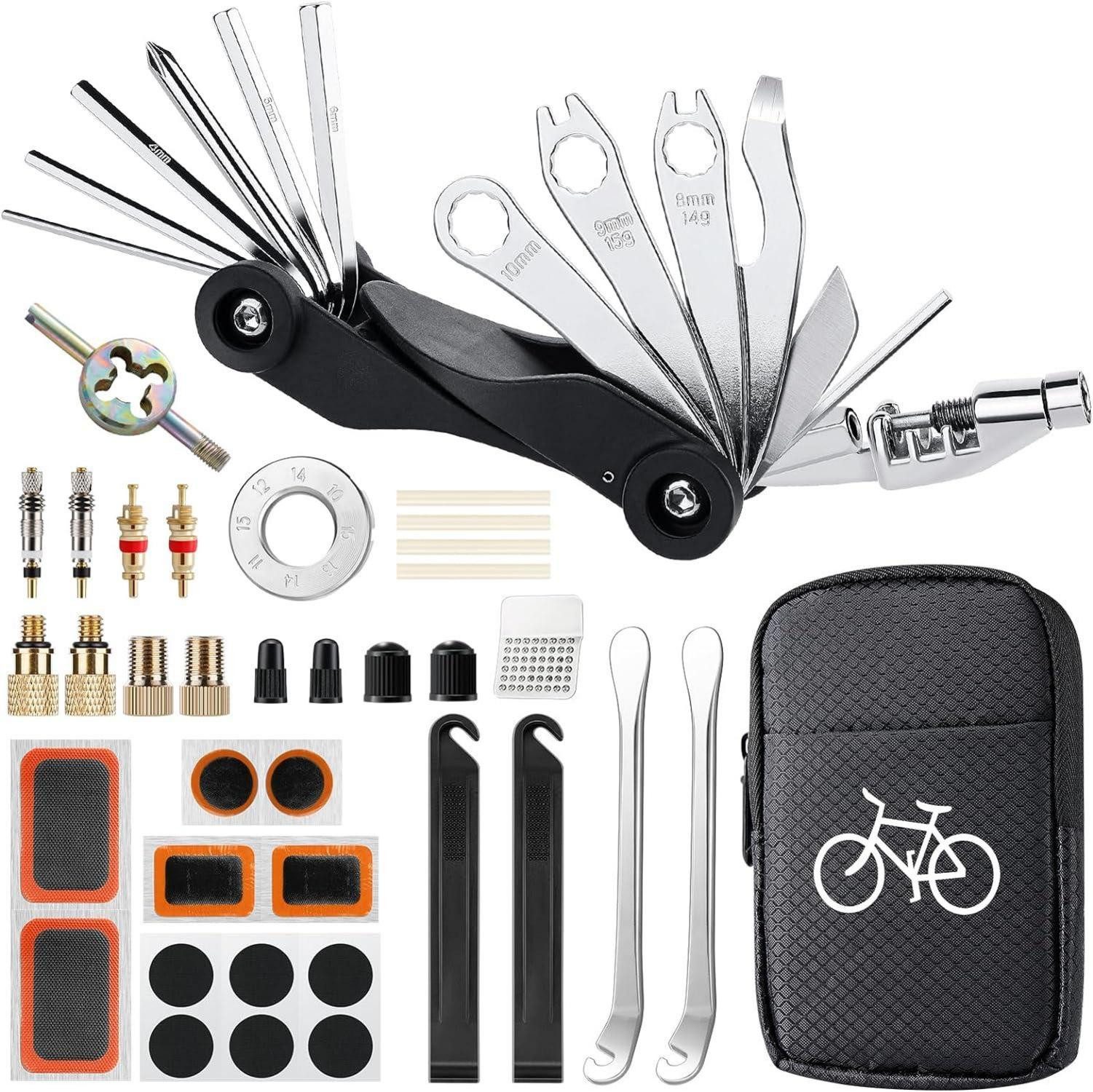 Fahrradständer Fahrradflickzeug Set 17 in 1, Multitool Satteltasche für Fahrrad