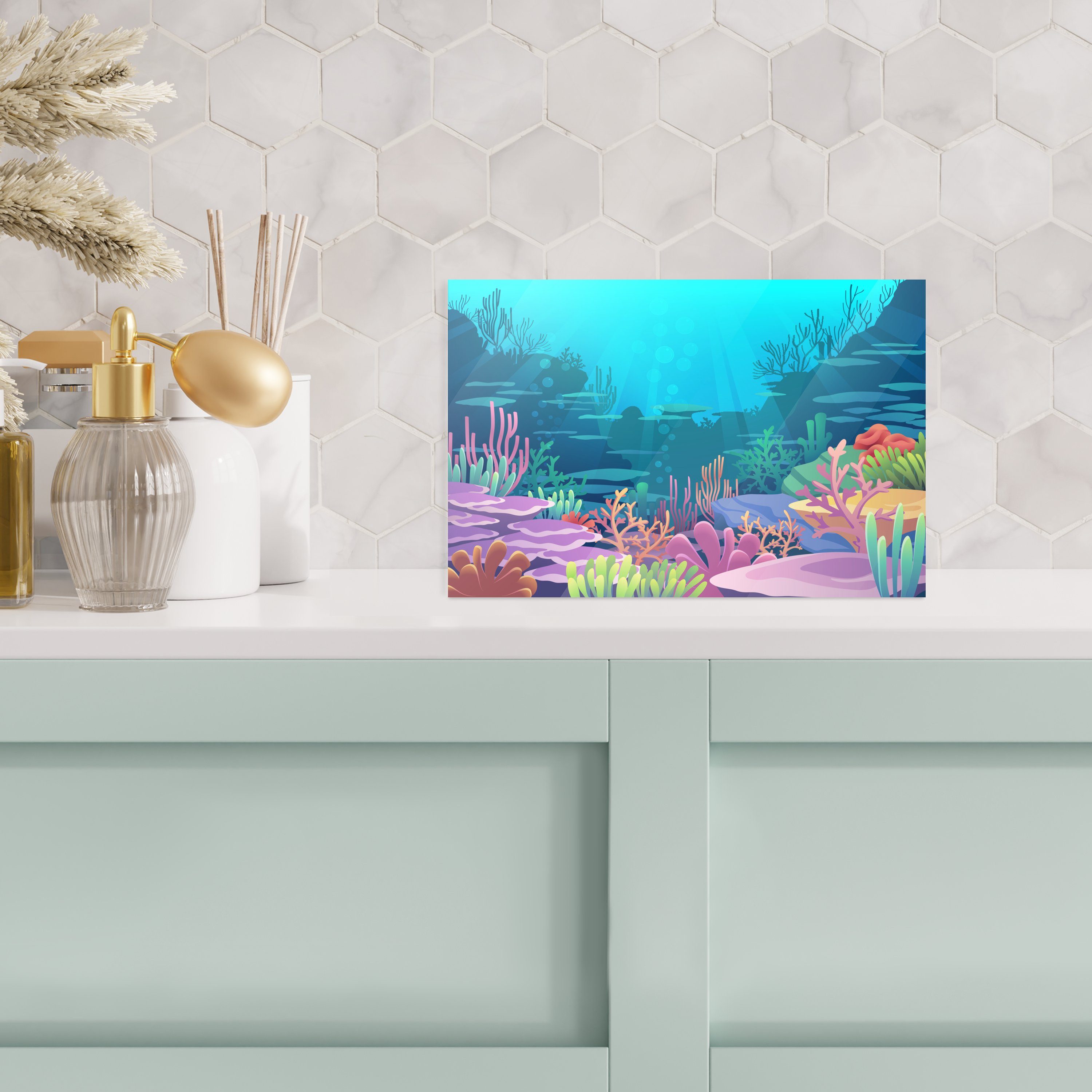 Meer Korallen - Foto (1 - auf Illustration, Glas Unterwasserwelt Wandbild Wanddekoration auf Glas - Acrylglasbild - - Glasbilder St), MuchoWow - Bilder