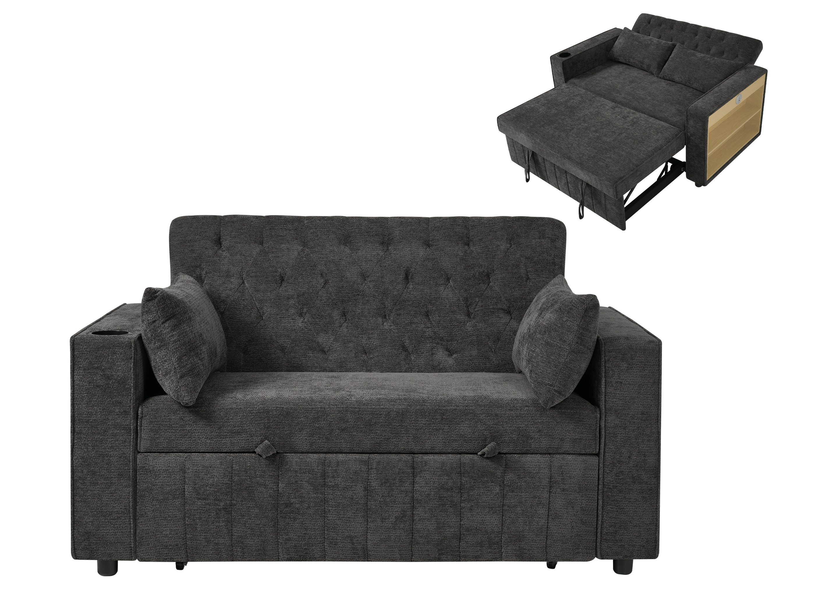 SeedWave Schlafsofa 2-Sitzer Klappsofa mit Ladefunktion, Rückenlehne mit 3 Liegepositionen, Gästebett inkl. 1 Getränkehalter, 2 Seitentaschen, 2 Ablagefächer