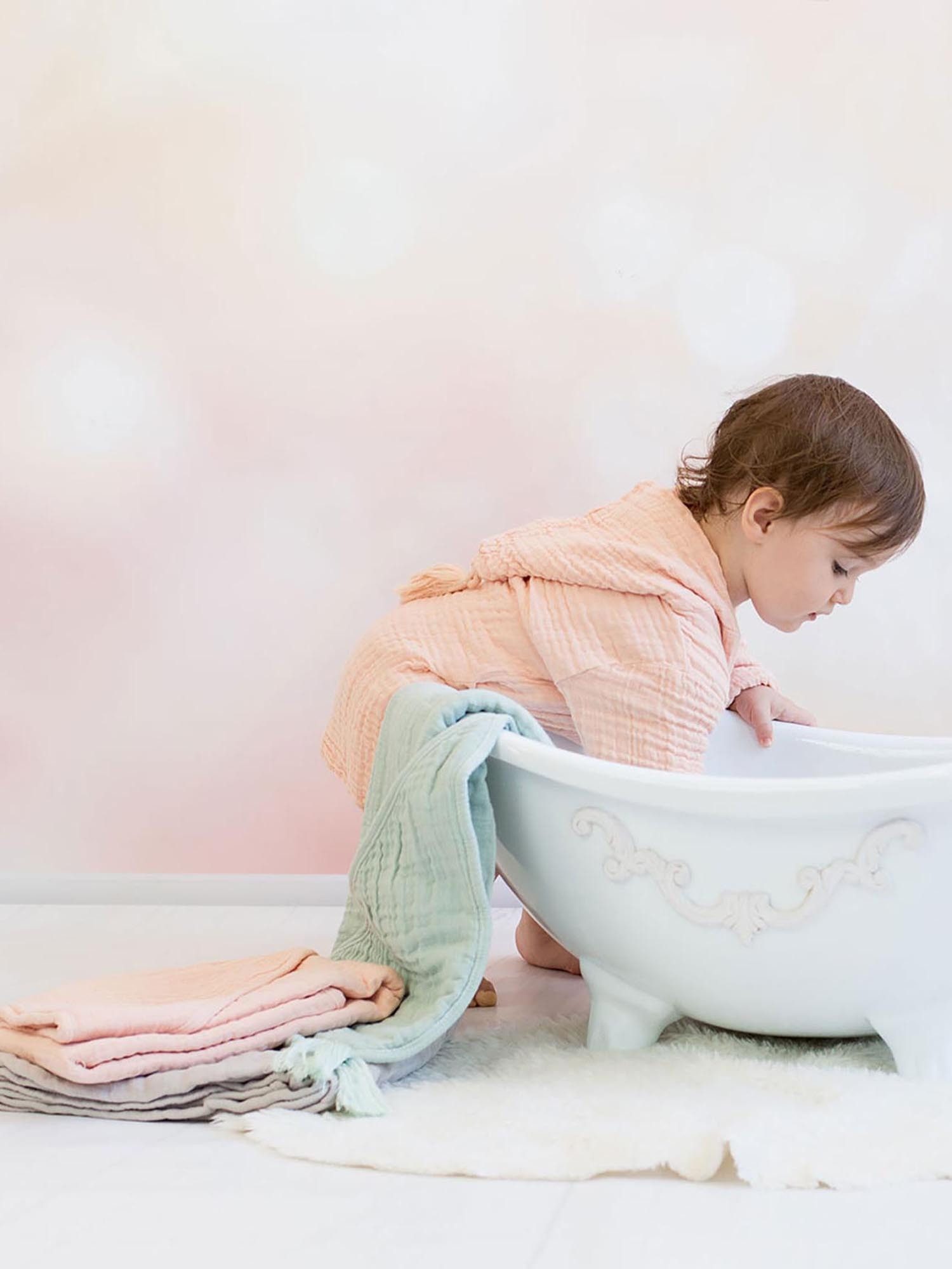 OrganicEra Kinderbademantel Kinder Bademantel Muslin aus bio-baumwolle, Langform, 100% Organic Cotton, Kapuze, Gürtel