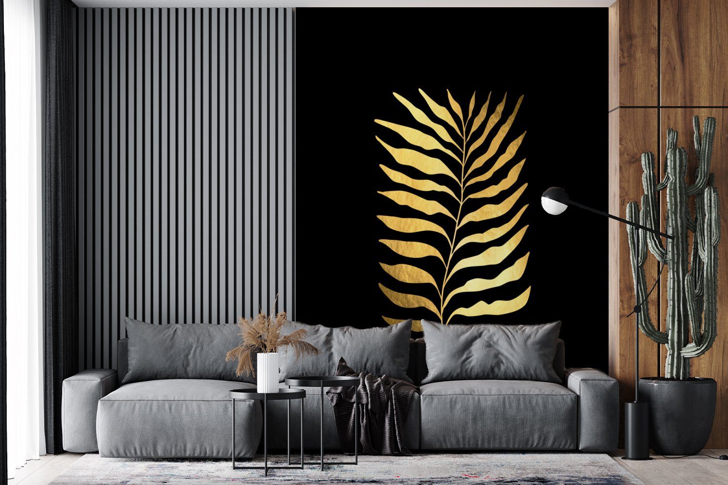 Vinyl Blätter - bedruckt, Wandtapete Natur für Luxus Design, Montagefertig Matt, - - MuchoWow Wohnzimmer, Fototapete (4 St), - Tapete Gold