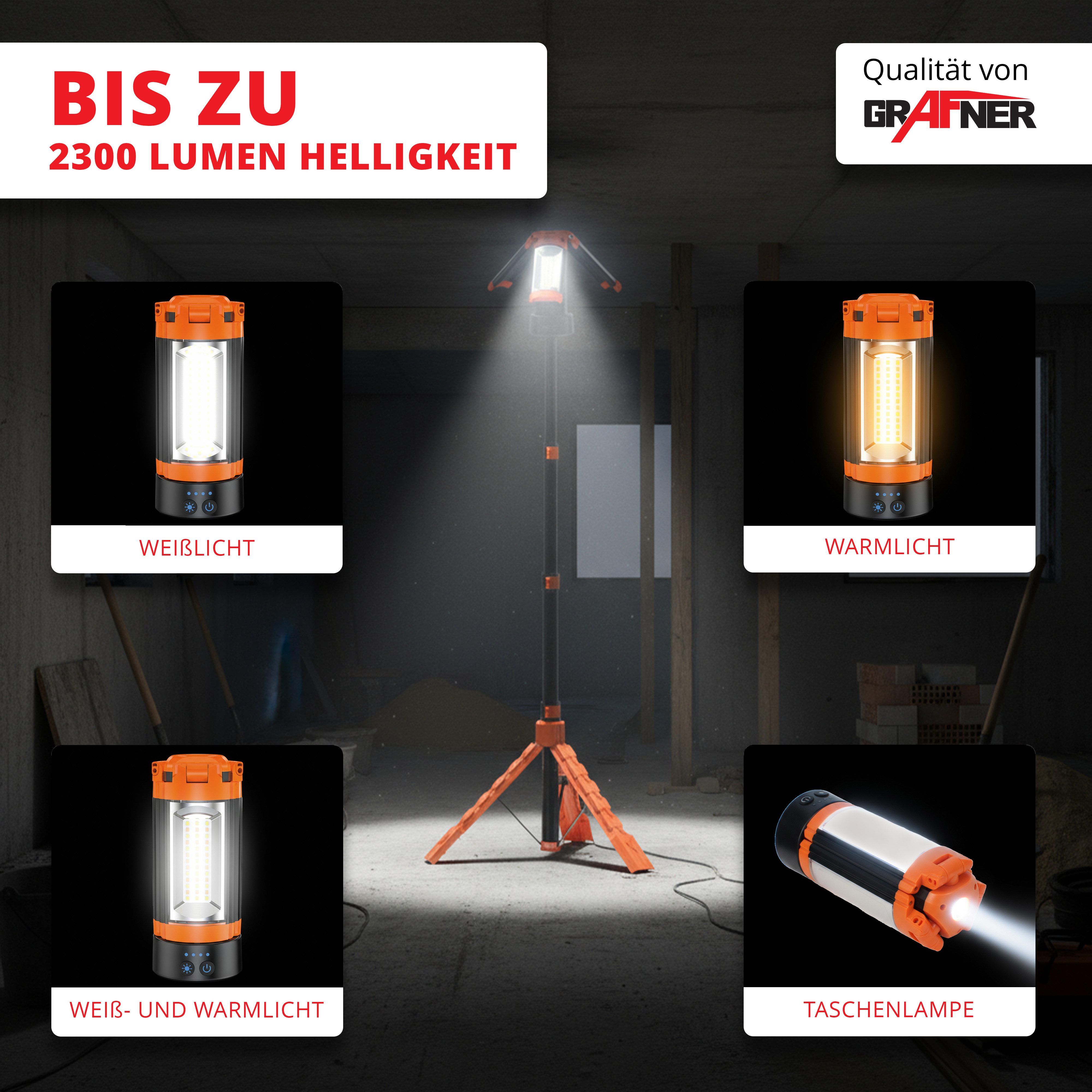 Grafner LED Baustrahler Grafner Akku Baustrahler Arbeitslampe LED mit Stativ, LED fest integriert, Akkubetrieb, LED