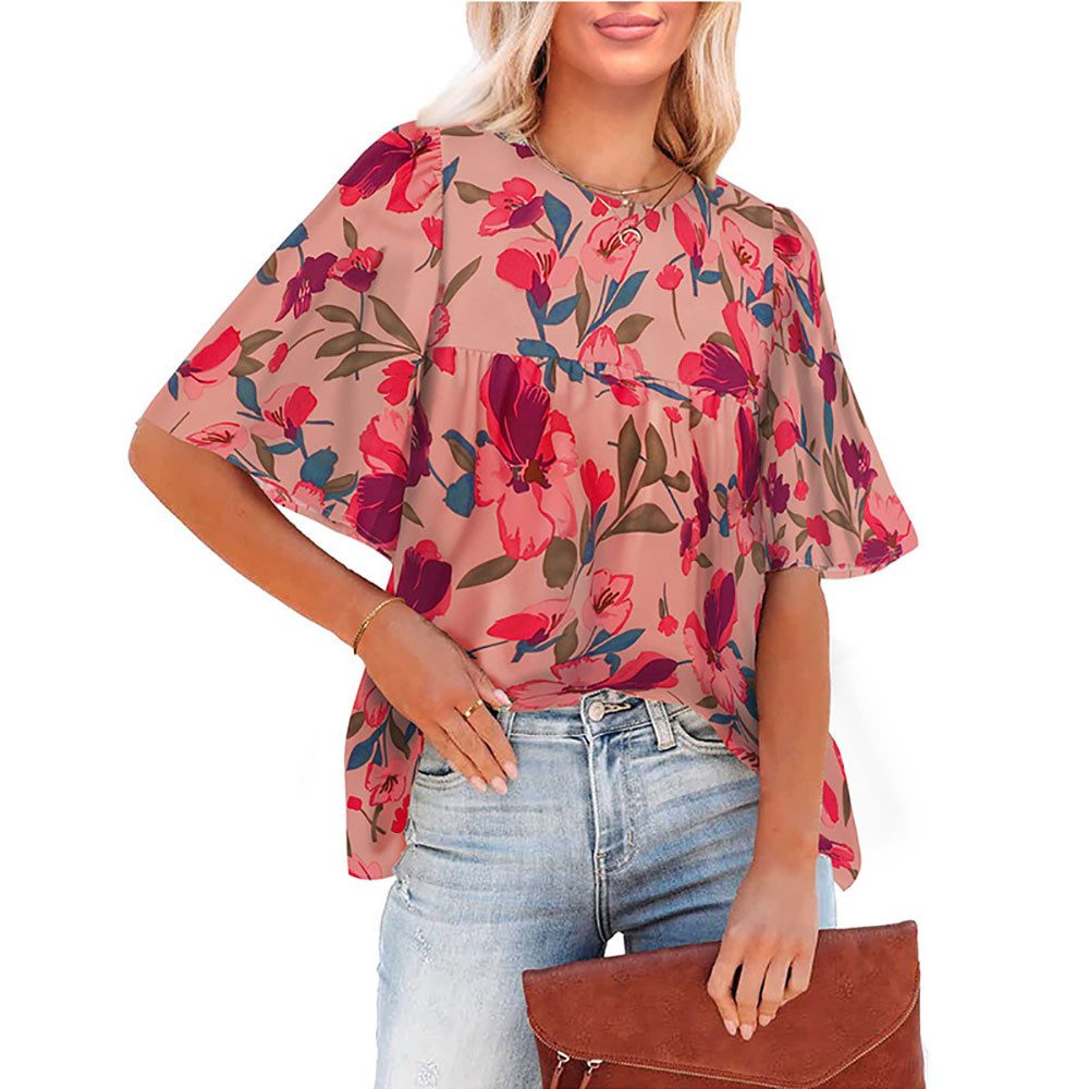 BlauWave Kurzarmbluse Sommer Hemd Kurzarm Shirts Vintage Freizeit Blume (1-tlg., Rundhals Shirt für Hemd Blumen Boho Kurzarm) Bohemian-Puppe Top