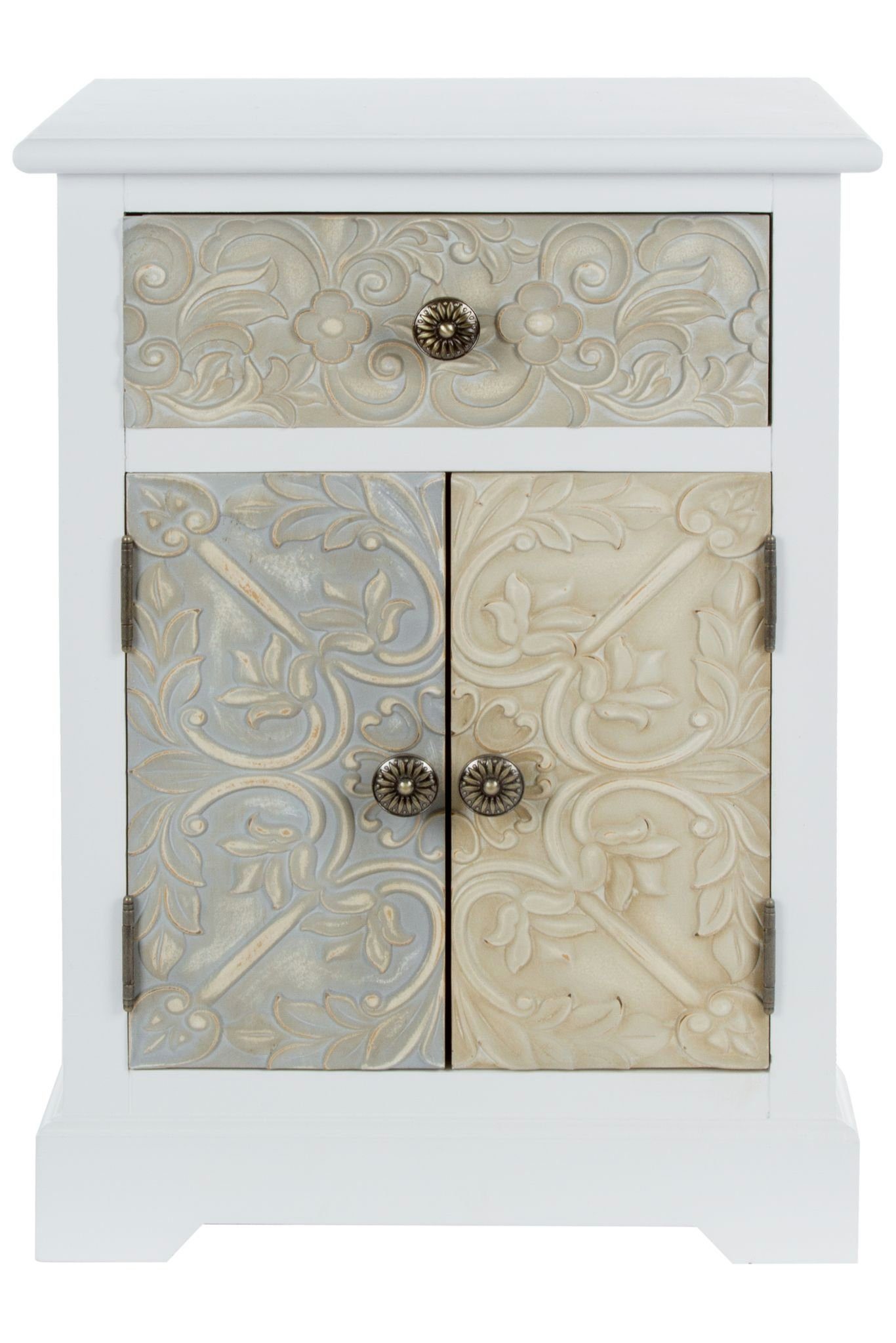 elbmöbel Beistelltisch Kommode 1 Schublade 2 Türen weiß (FALSCH), Nachttisch: Ablage 45x64x32 cm floral weiß romantic