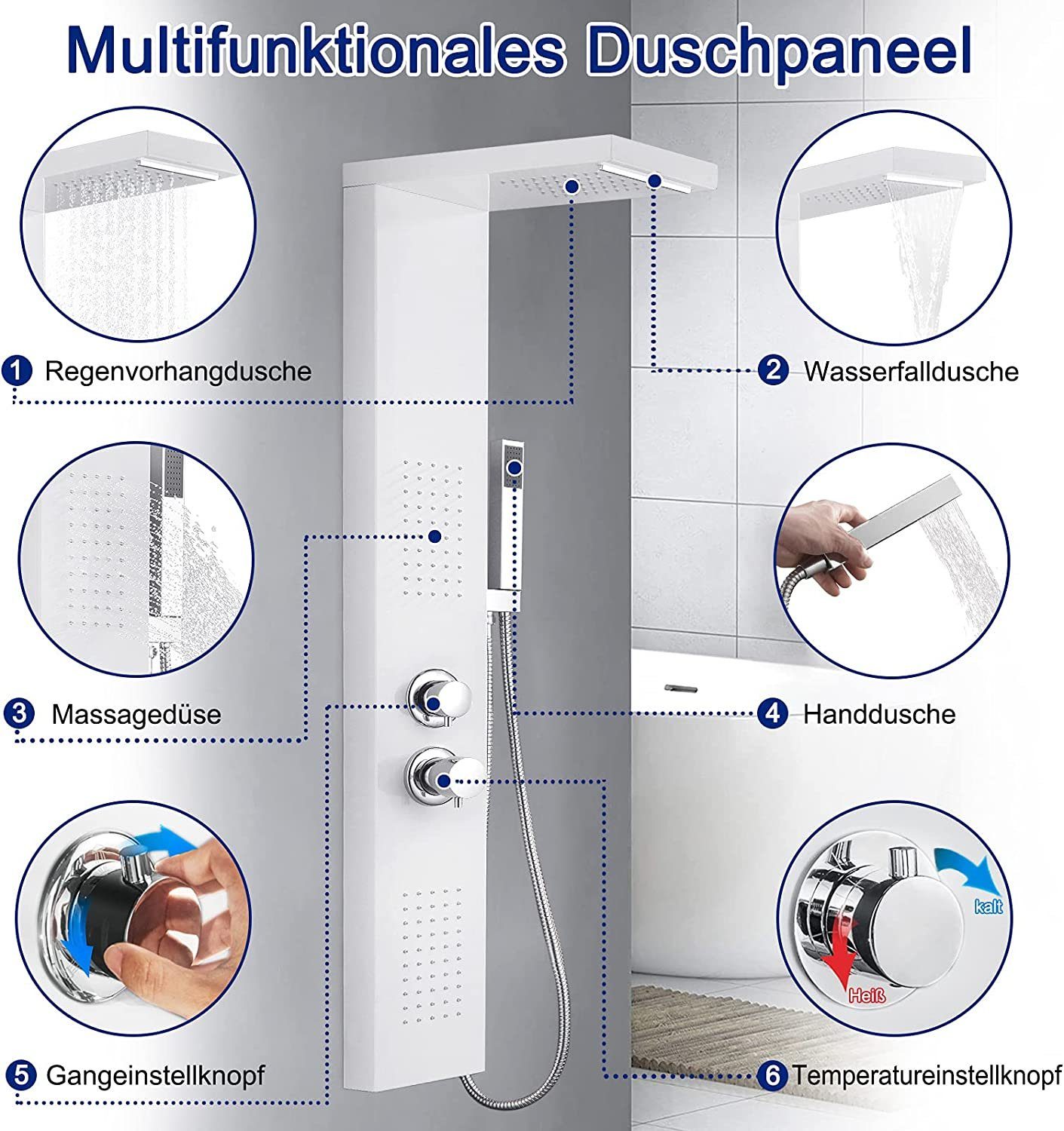 AUFUN Duschsystem Duschpaneel Edelstahl Weiß mit Duschsäule Duschsystem